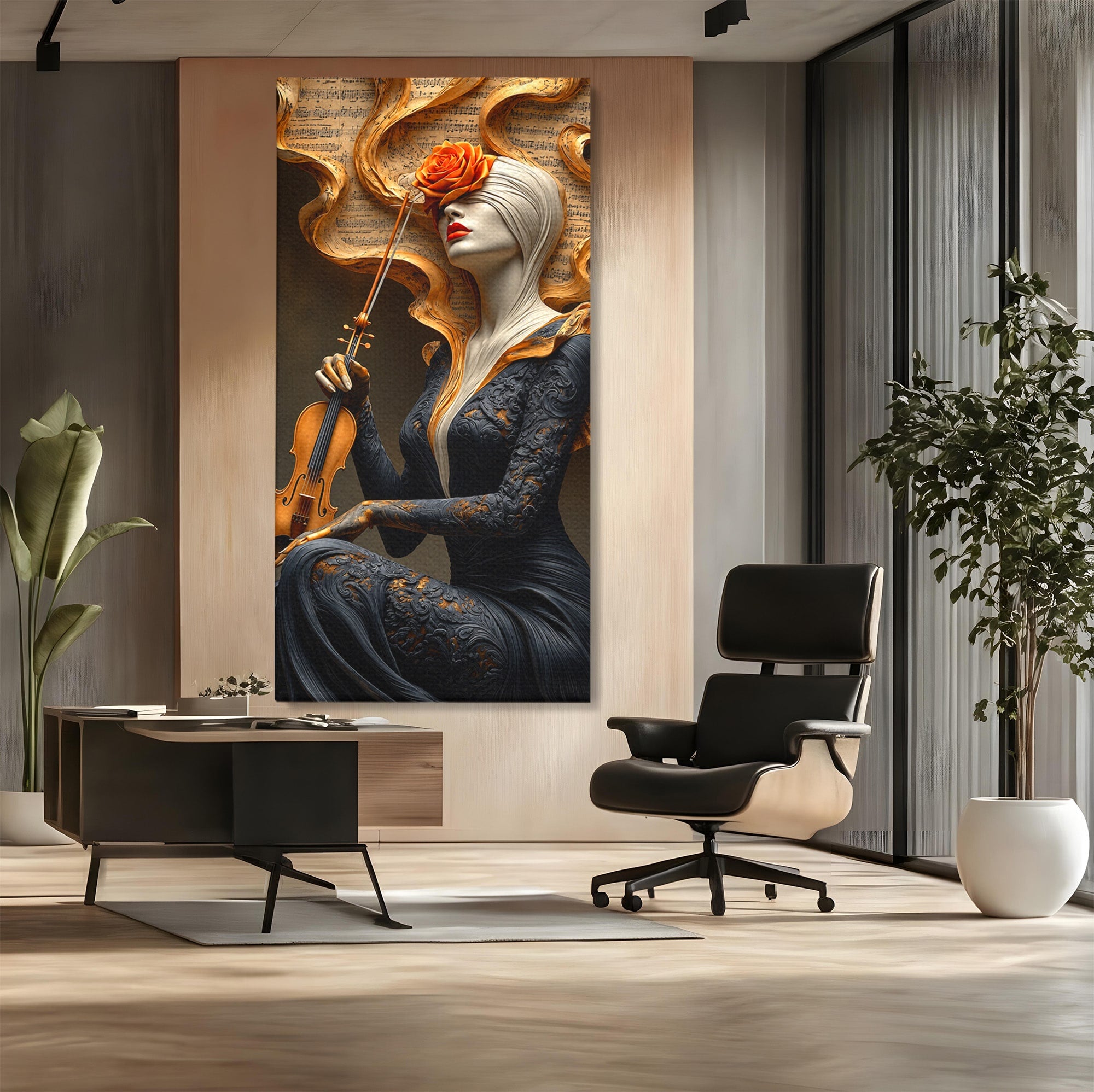 Tablou Canvas Premium LuxCanva® U1158, Muzica Interioara, Femeie, Vioara, Muzica, Arta, Living, Culori Vibrante