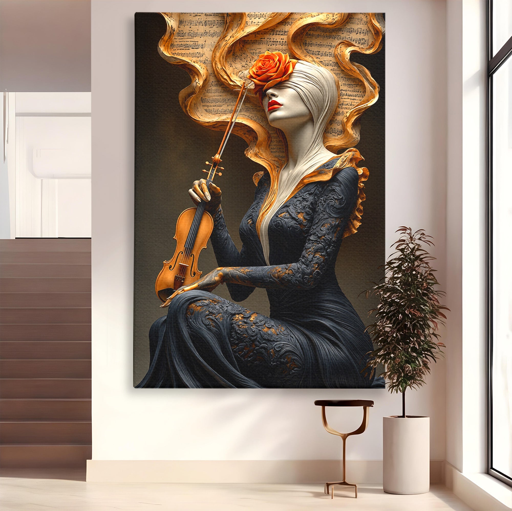 Tablou Canvas Premium LuxCanva® U1158, Muzica Interioara, Femeie, Vioara, Muzica, Arta, Living, Culori Vibrante