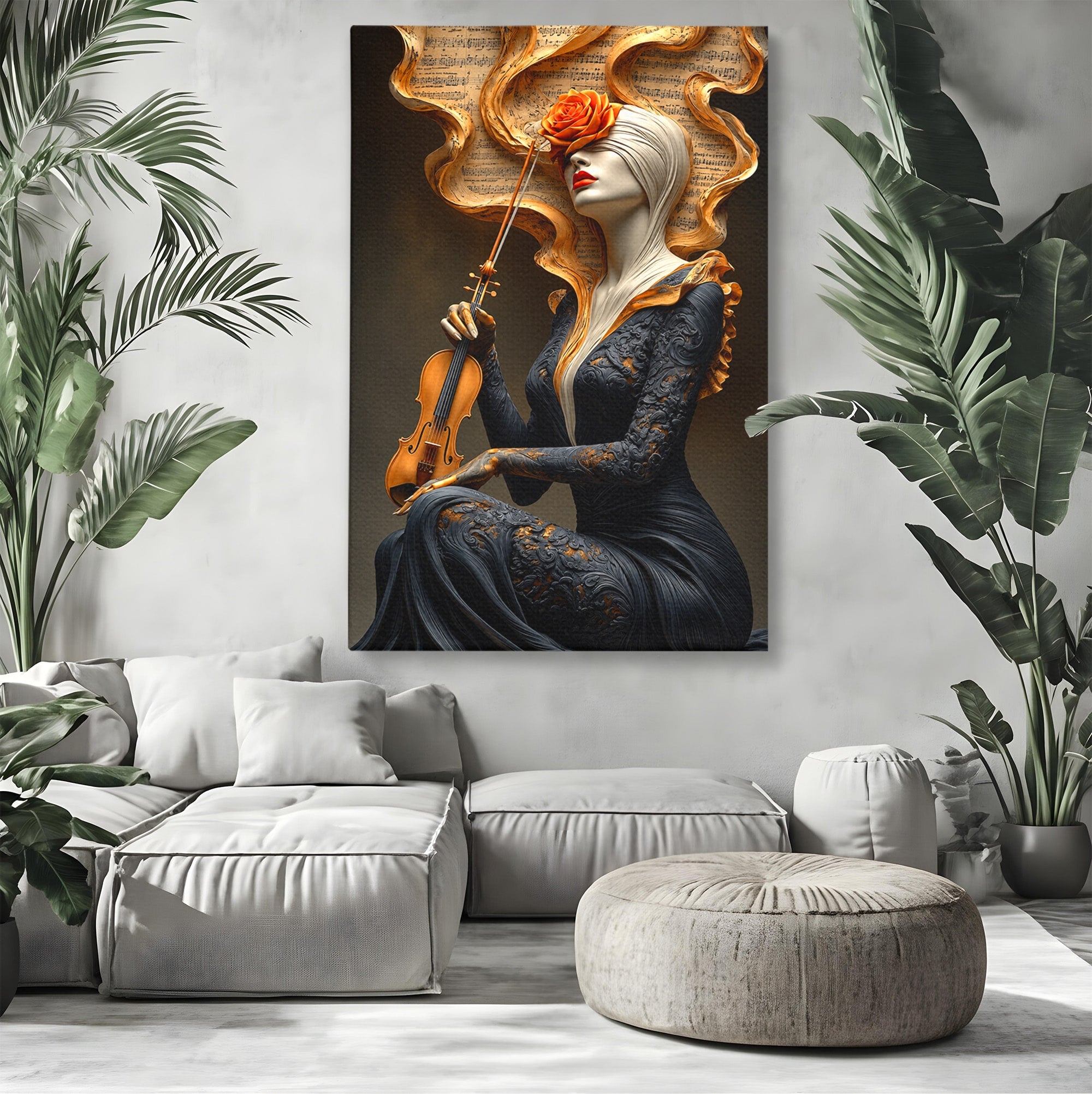 Tablou Canvas Premium LuxCanva® U1158, Muzica Interioara, Femeie, Vioara, Muzica, Arta, Living, Culori Vibrante