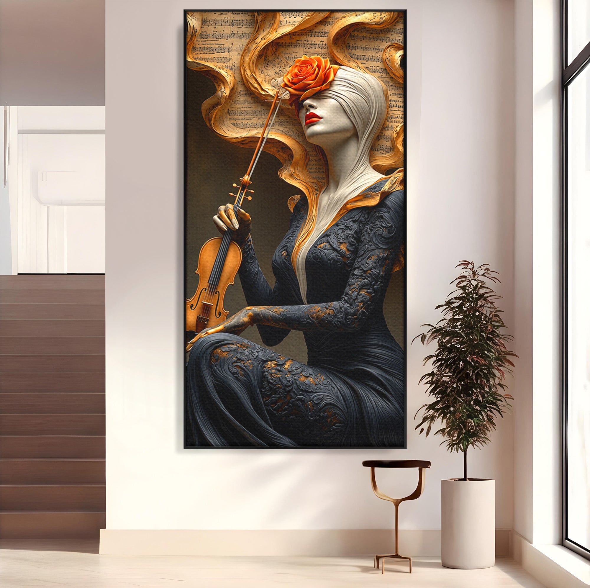 Tablou Canvas Premium LuxCanva® U1158, Muzica Interioara, Femeie, Vioara, Muzica, Arta, Living, Culori Vibrante