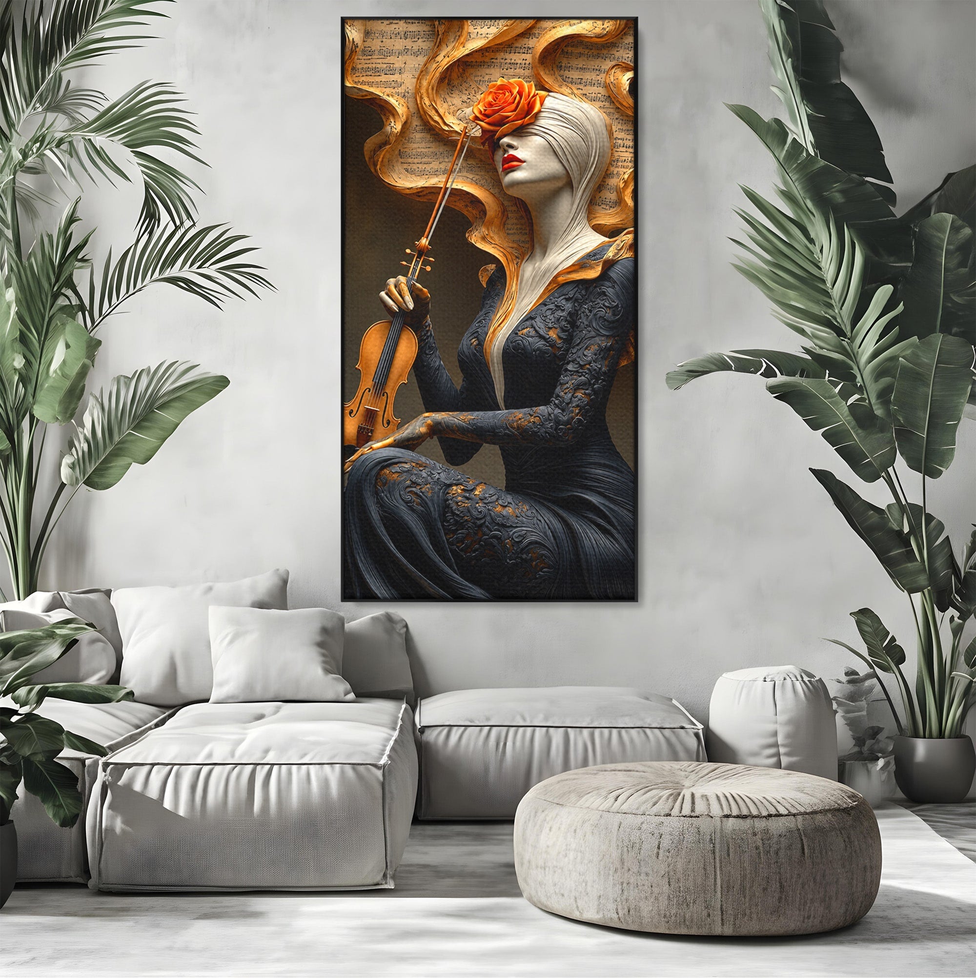 Tablou Canvas Premium LuxCanva® U1158, Muzica Interioara, Femeie, Vioara, Muzica, Arta, Living, Culori Vibrante
