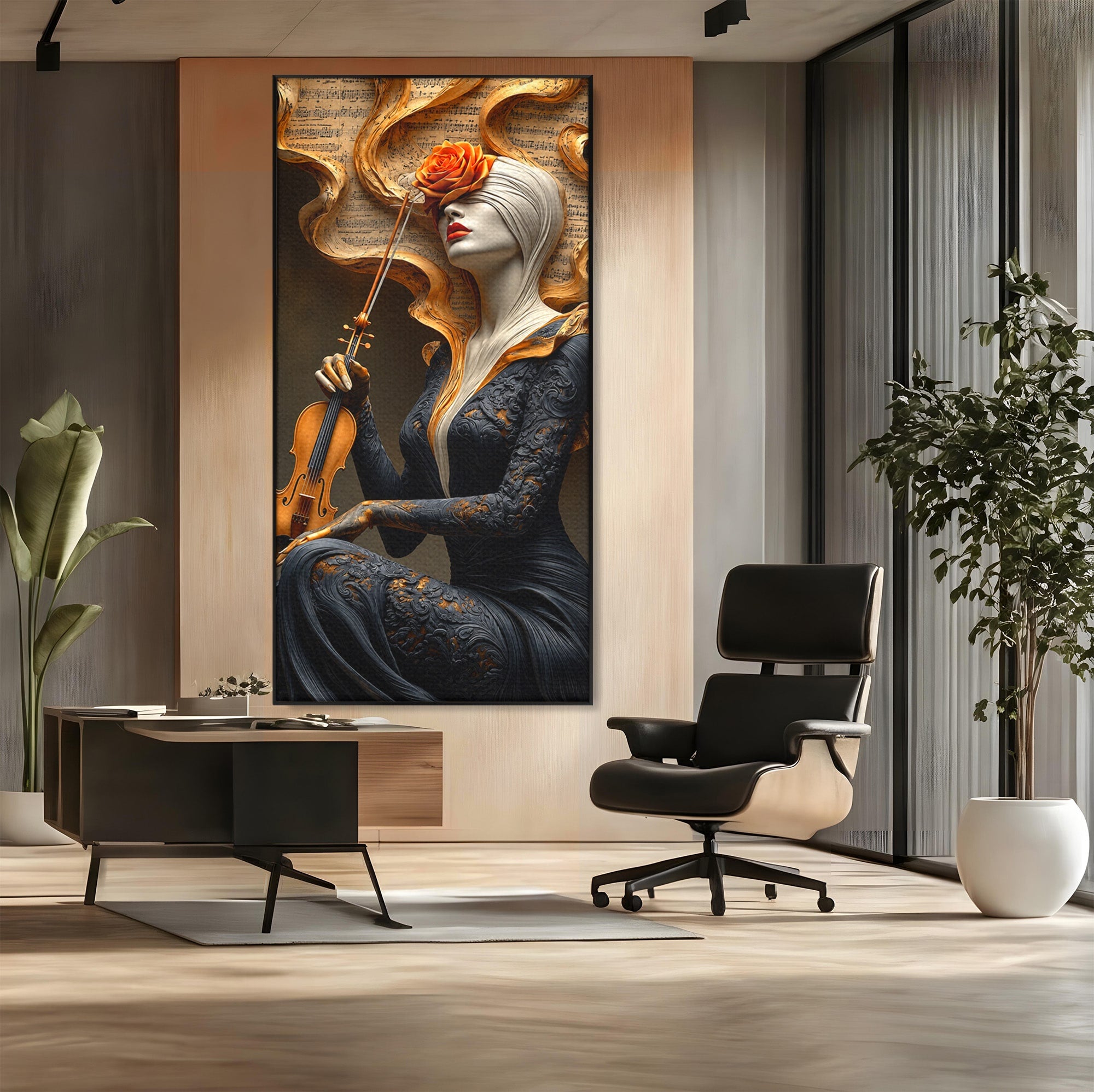 Tablou Canvas Premium LuxCanva® U1158, Muzica Interioara, Femeie, Vioara, Muzica, Arta, Living, Culori Vibrante