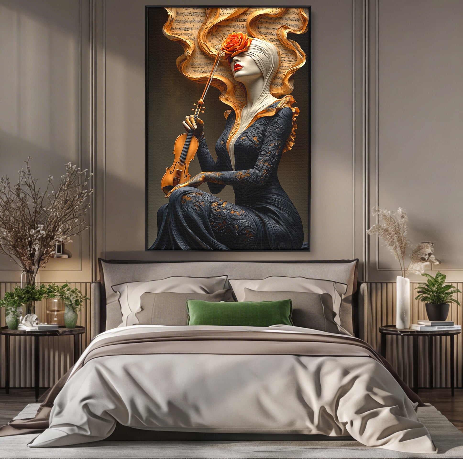 Tablou Canvas Premium LuxCanva® U1158, Muzica Interioara, Femeie, Vioara, Muzica, Arta, Living, Culori Vibrante