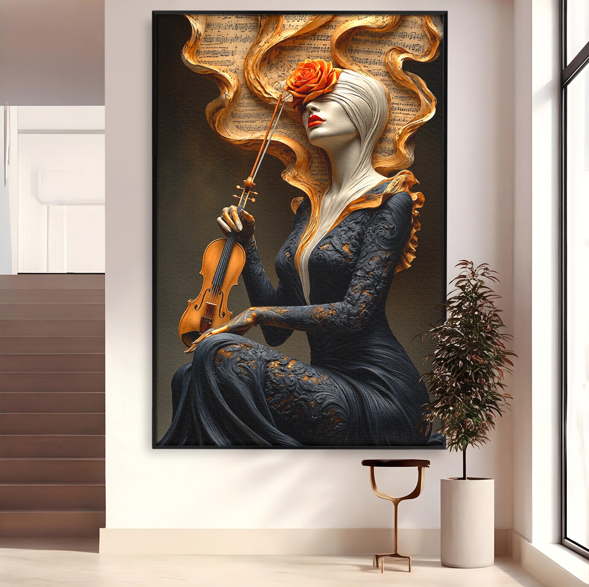 Tablou Canvas Premium LuxCanva® U1158, Muzica Interioara, Femeie, Vioara, Muzica, Arta, Living, Culori Vibrante