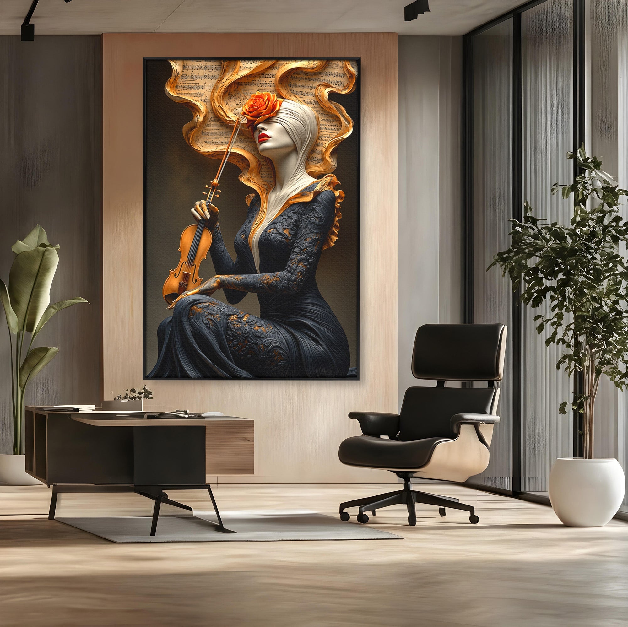 Tablou Canvas Premium LuxCanva® U1158, Muzica Interioara, Femeie, Vioara, Muzica, Arta, Living, Culori Vibrante
