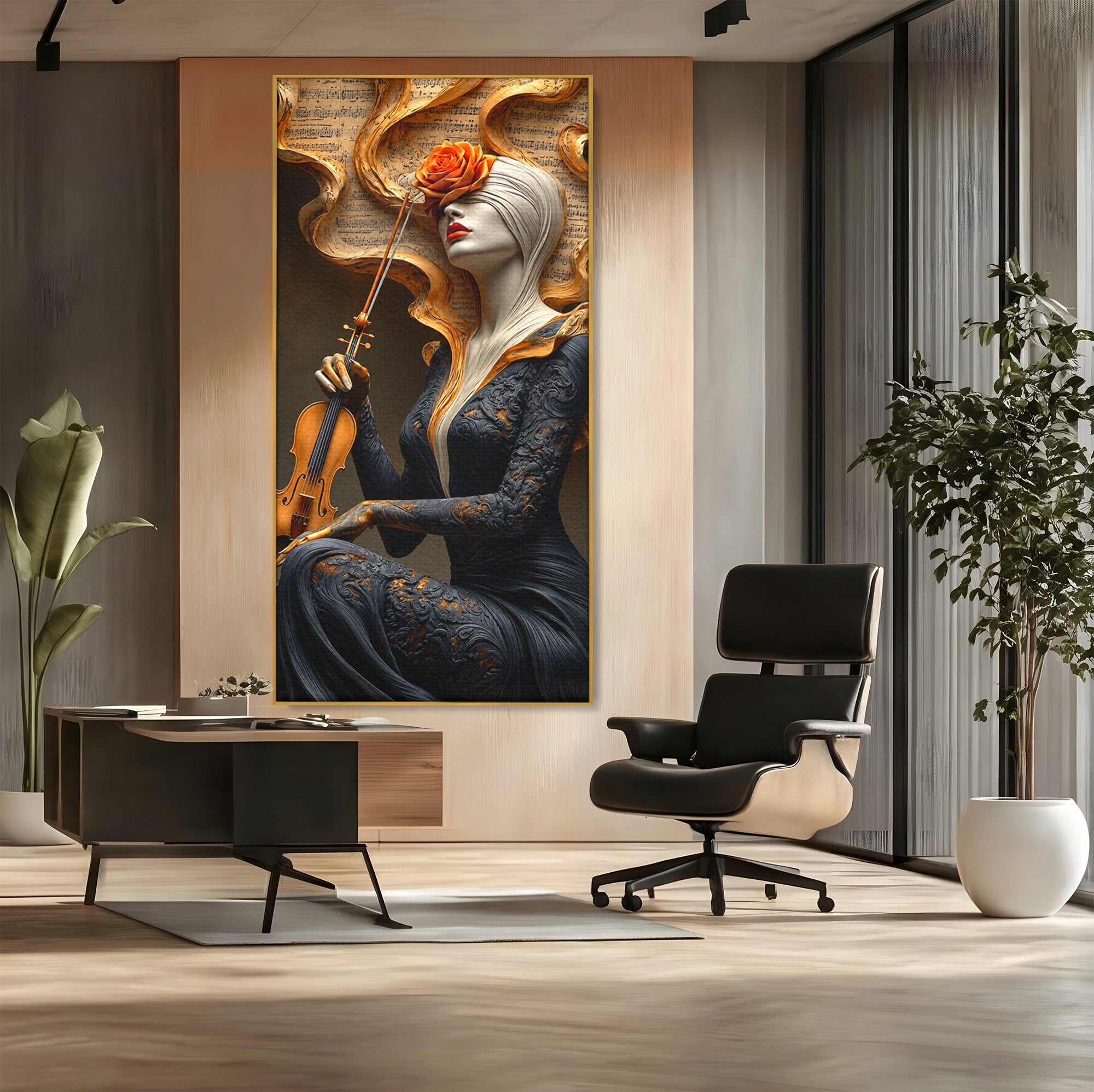Tablou Canvas Premium LuxCanva® U1158, Muzica Interioara, Femeie, Vioara, Muzica, Arta, Living, Culori Vibrante