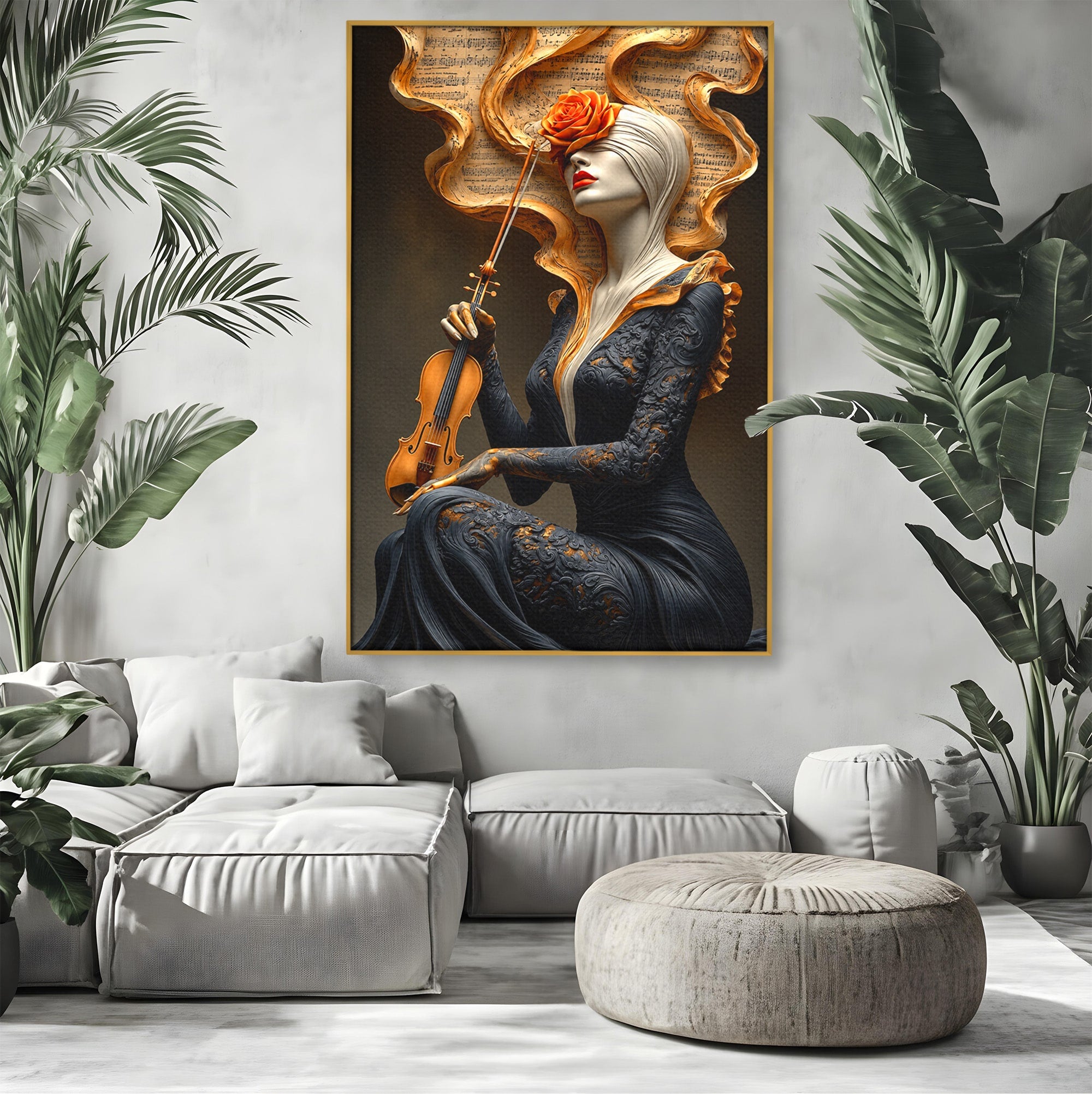 Tablou Canvas Premium LuxCanva® U1158, Muzica Interioara, Femeie, Vioara, Muzica, Arta, Living, Culori Vibrante