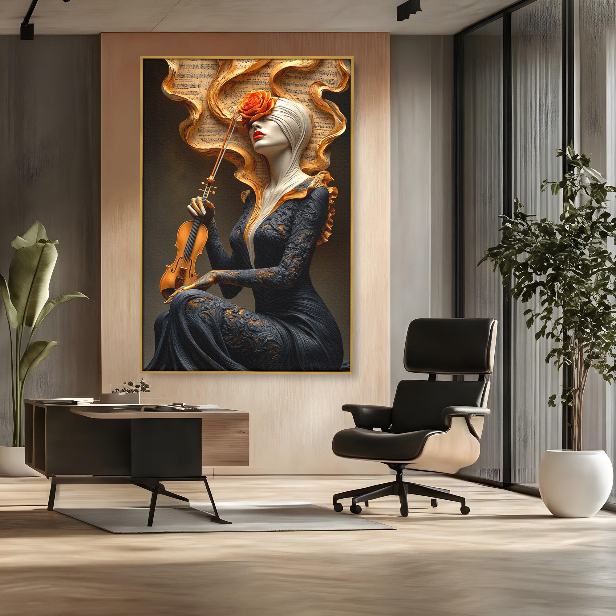 Tablou Canvas Premium LuxCanva® U1158, Muzica Interioara, Femeie, Vioara, Muzica, Arta, Living, Culori Vibrante
