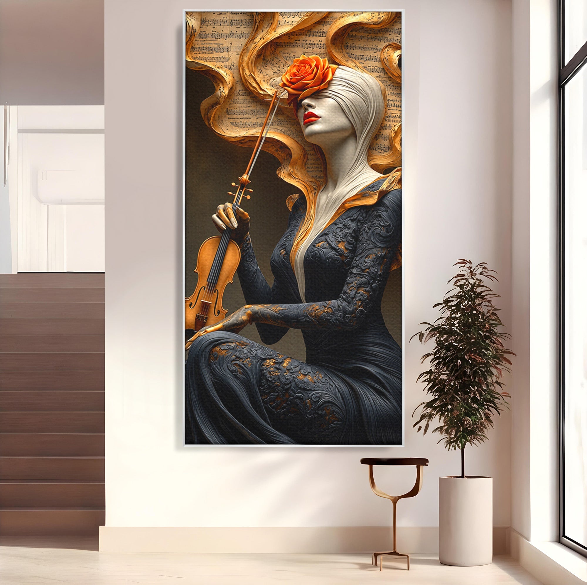 Tablou Canvas Premium LuxCanva® U1158, Muzica Interioara, Femeie, Vioara, Muzica, Arta, Living, Culori Vibrante