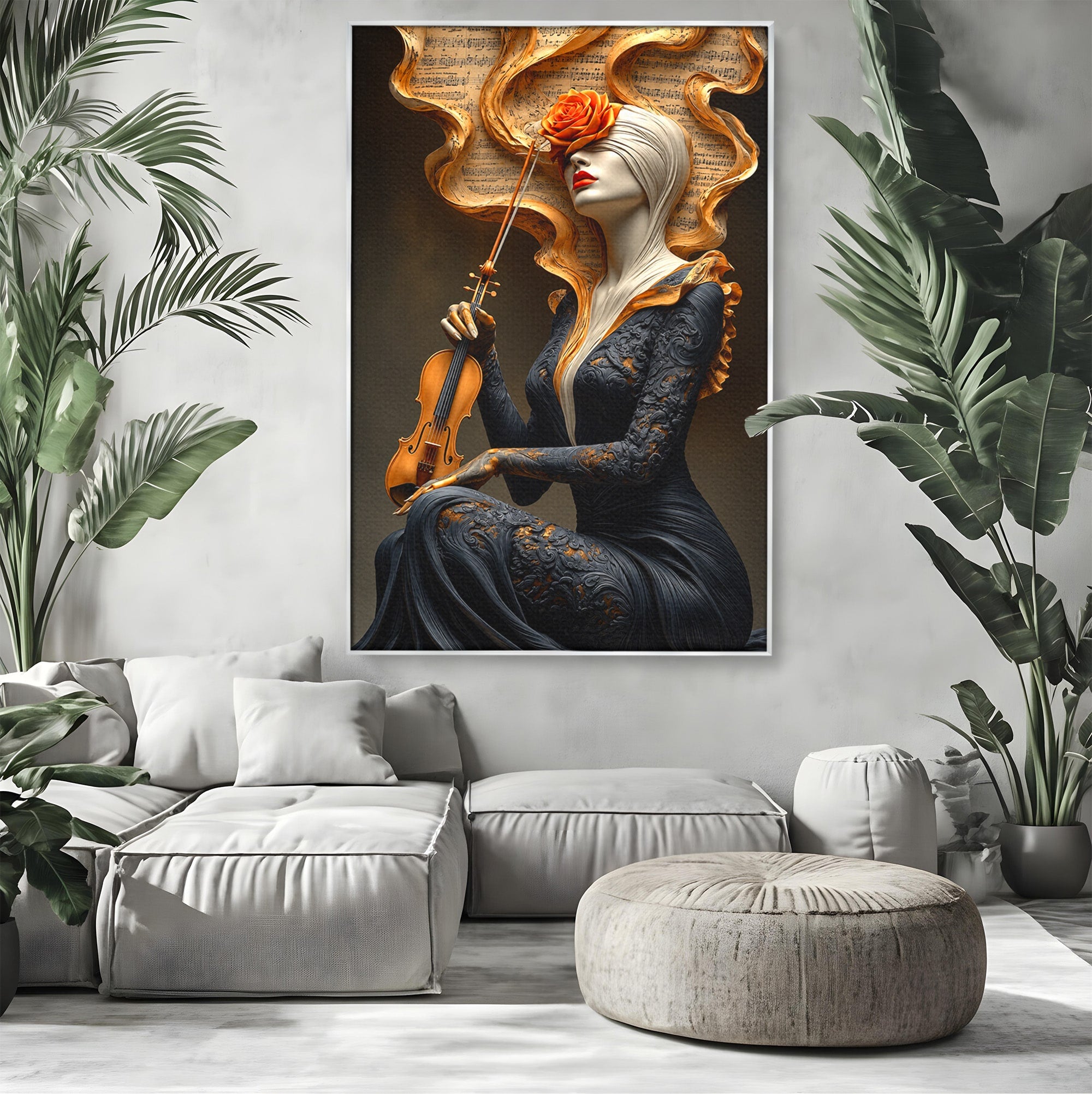 Tablou Canvas Premium LuxCanva® U1158, Muzica Interioara, Femeie, Vioara, Muzica, Arta, Living, Culori Vibrante