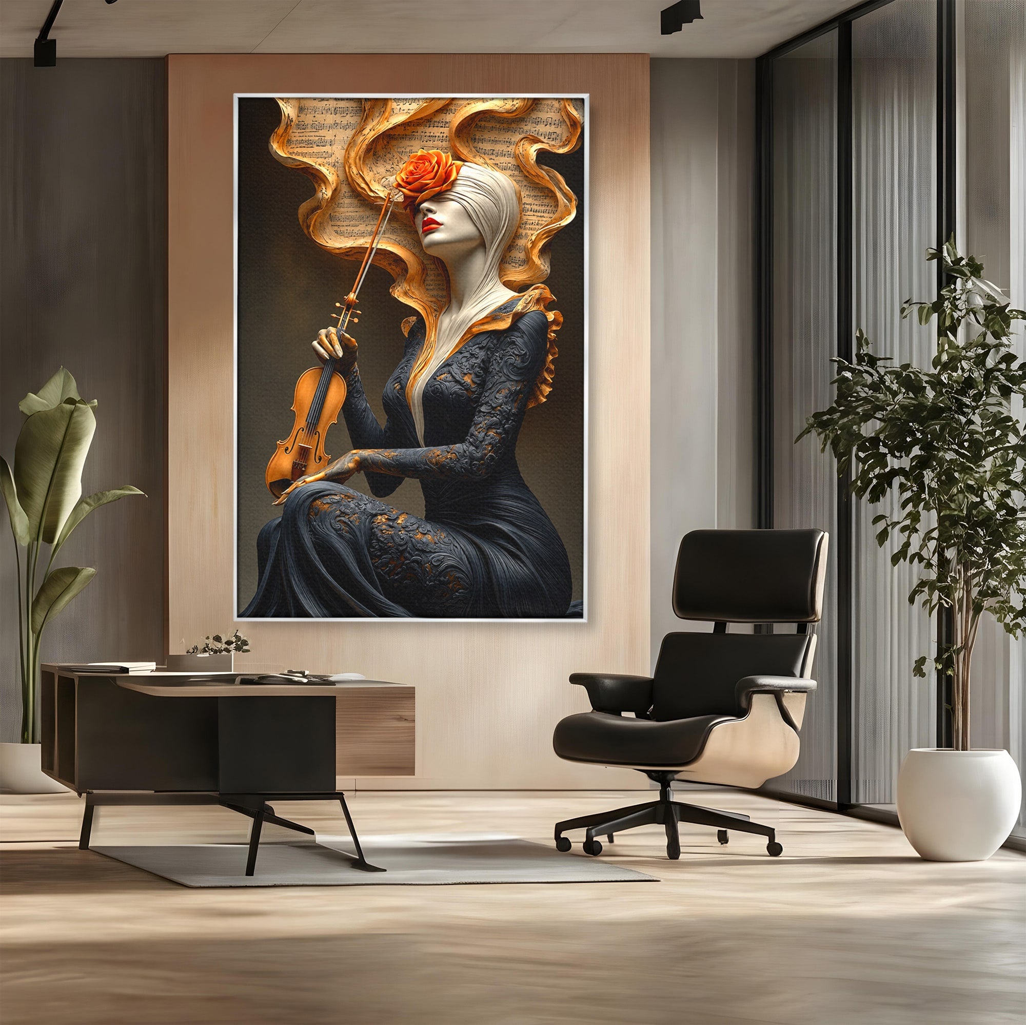 Tablou Canvas Premium LuxCanva® U1158, Muzica Interioara, Femeie, Vioara, Muzica, Arta, Living, Culori Vibrante