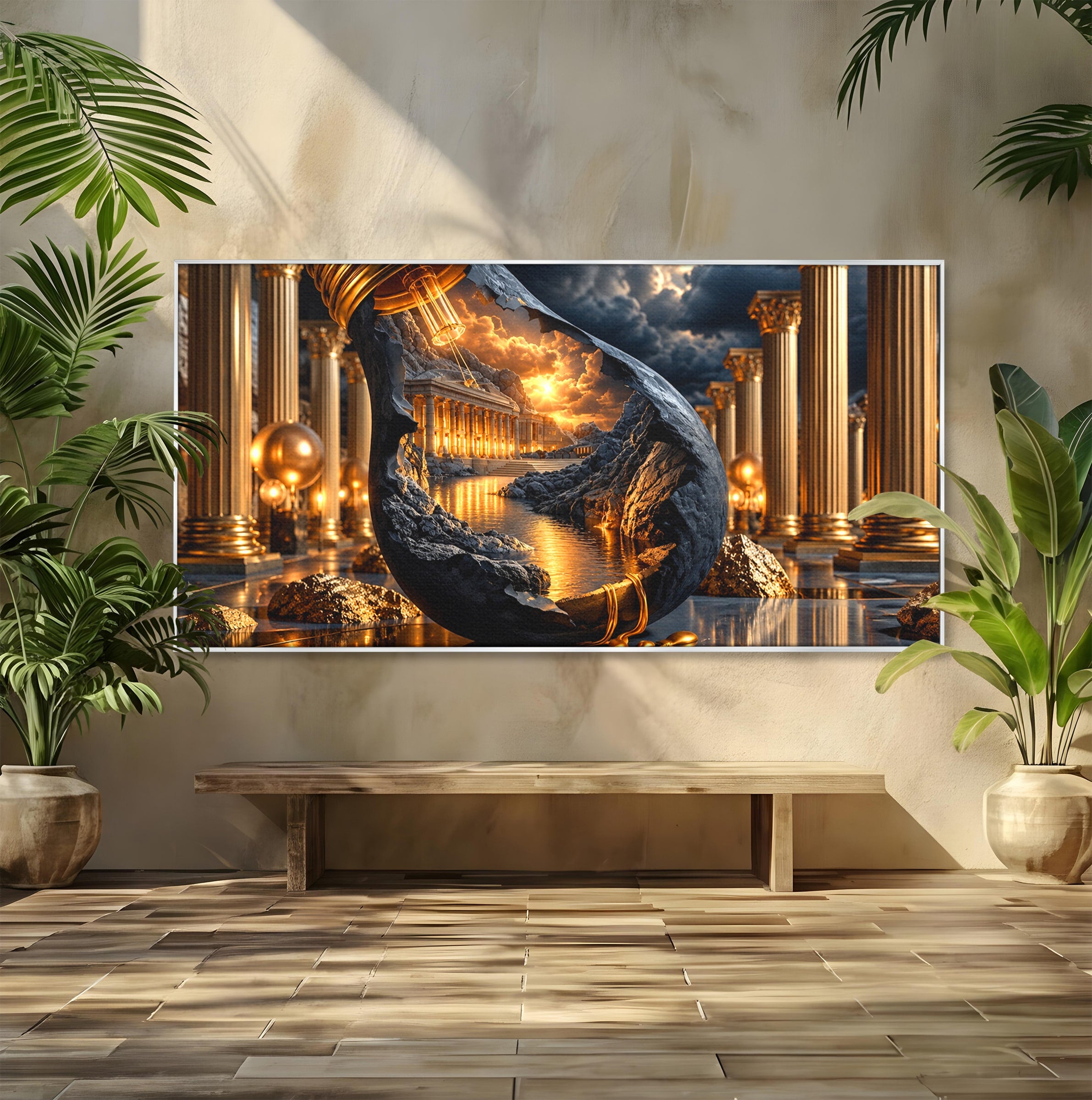 Tablou Canvas Premium LuxCanva® U1161, Templu In Lumina, Peisaj, Apus, Fantezie, Templu, Living, Culori Vibrante
