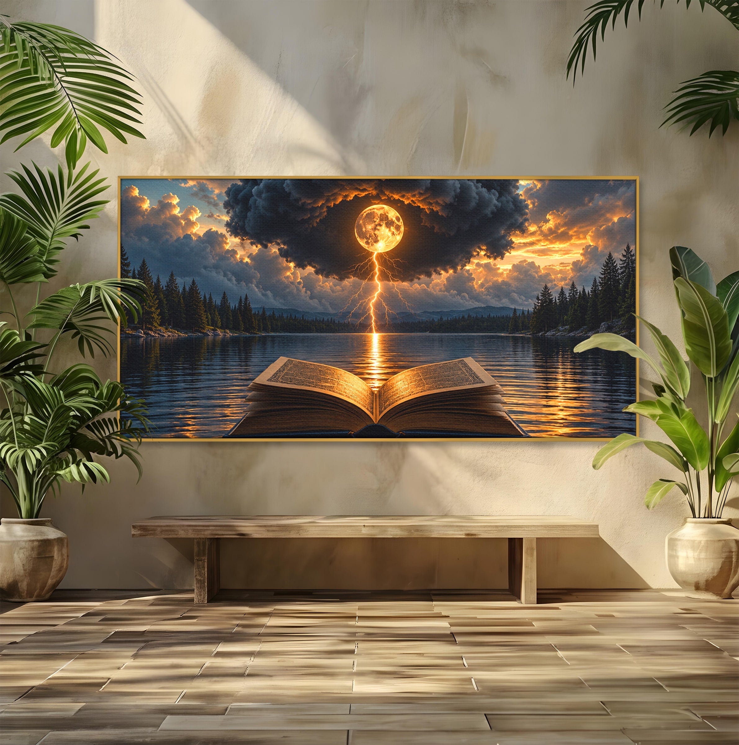Tablou Canvas Premium LuxCanva® U1162, Cartea Misterelor, Lac, Apus, Mister, Carte, Living, Culori Vibrante