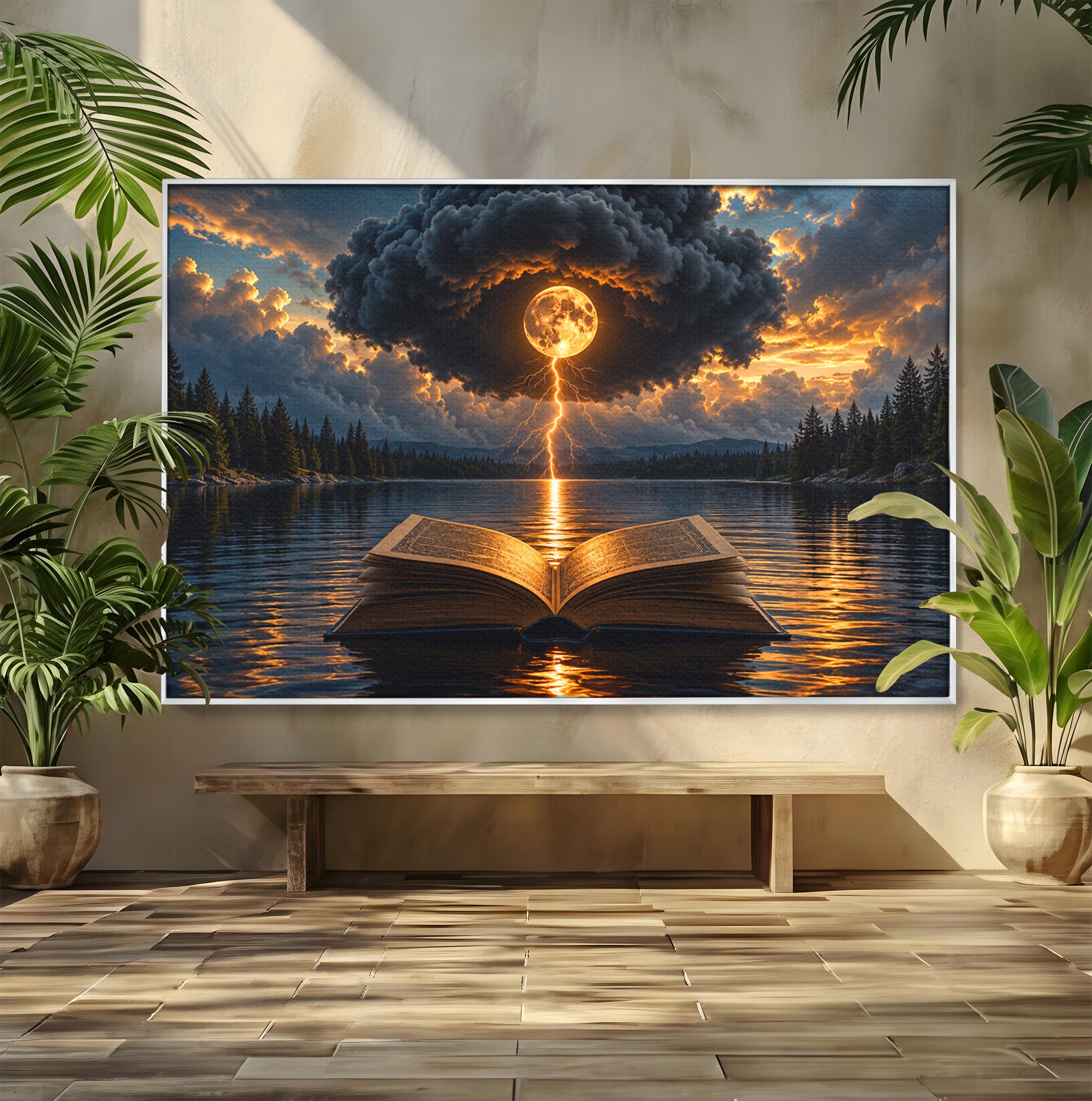 Tablou Canvas Premium LuxCanva® U1162, Cartea Misterelor, Lac, Apus, Mister, Carte, Living, Culori Vibrante