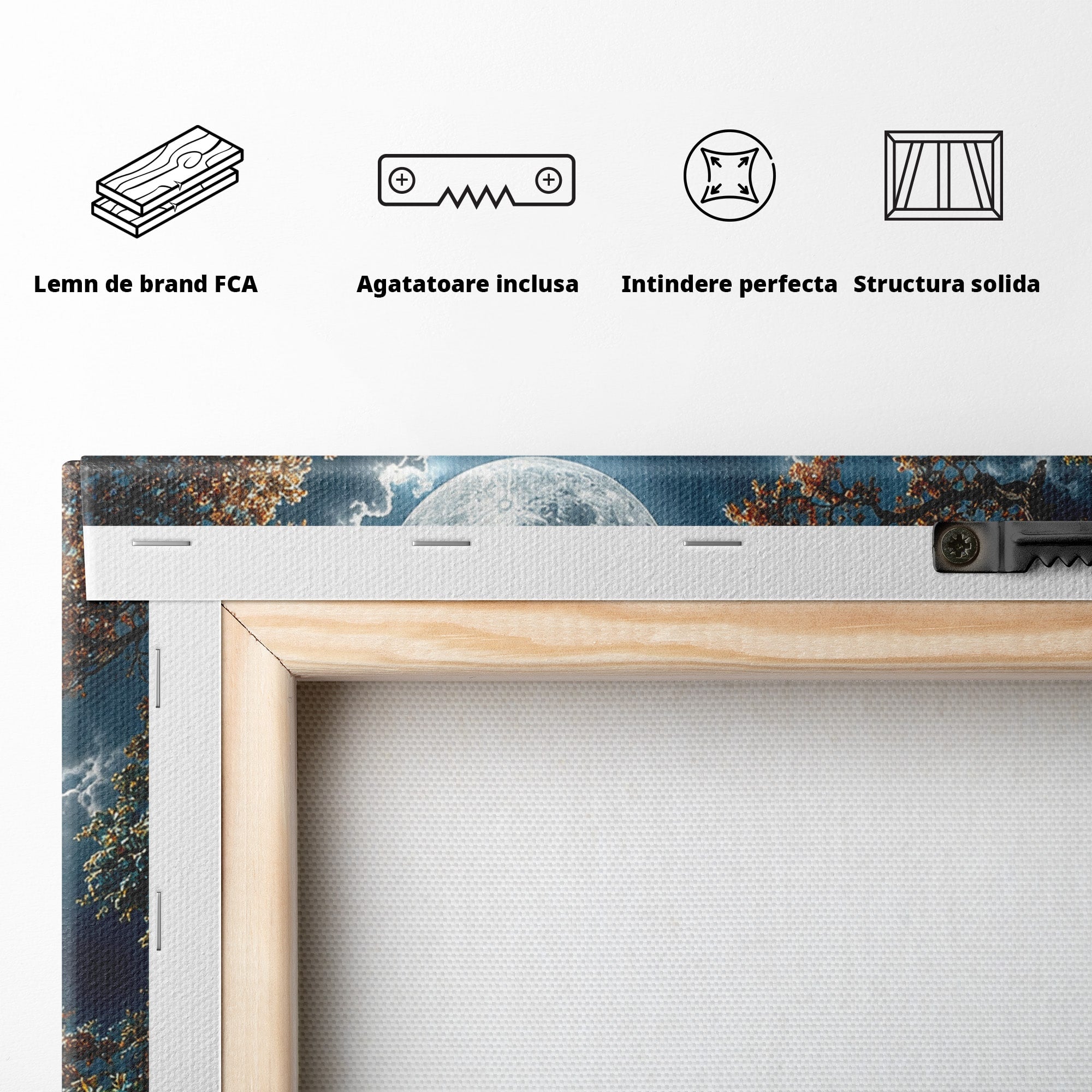 Tablou Canvas Premium LuxCanva® U1164, Luna Printre Copaci, Luna, Padure, Noapte, Natura, Living, Culori Vibrante