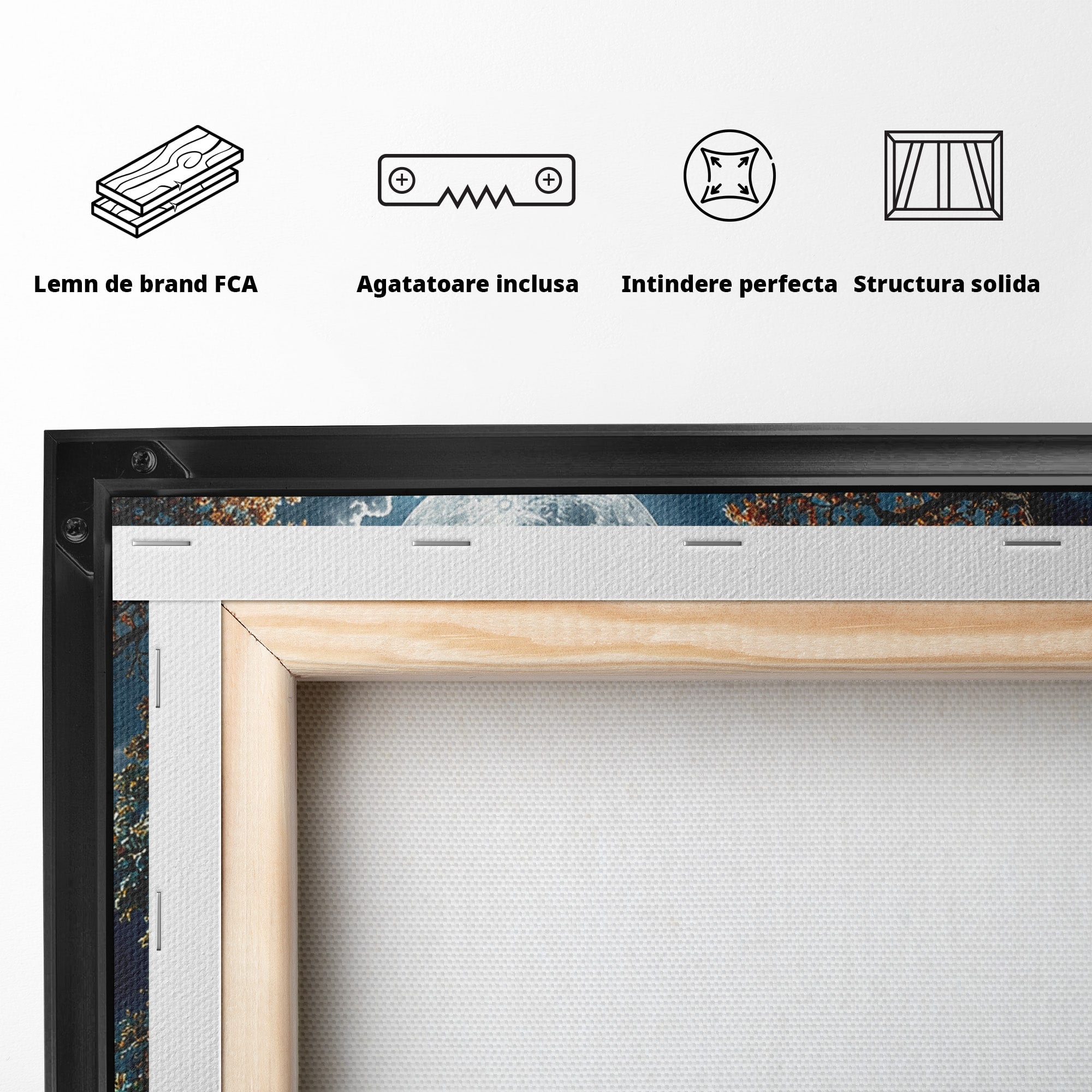 Tablou Canvas Premium LuxCanva® U1164, Luna Printre Copaci, Luna, Padure, Noapte, Natura, Living, Culori Vibrante