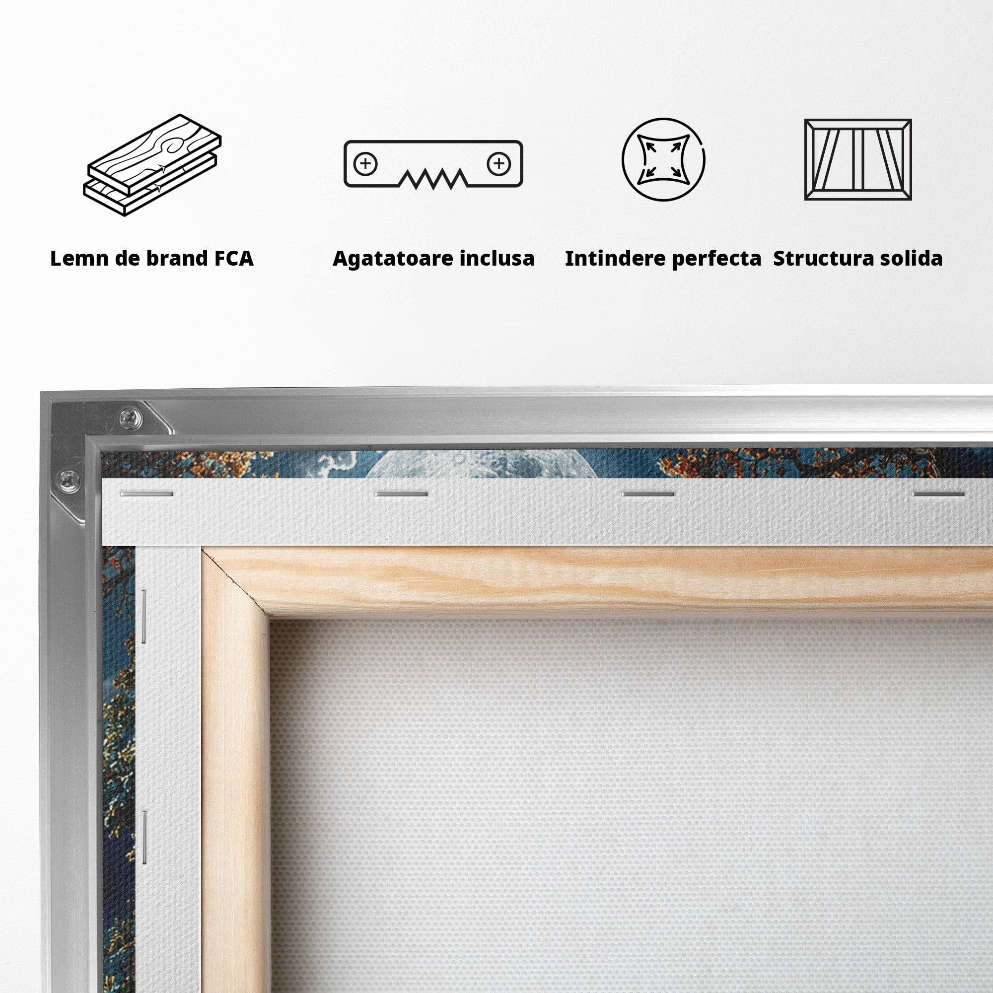Tablou Canvas Premium LuxCanva® U1164, Luna Printre Copaci, Luna, Padure, Noapte, Natura, Living, Culori Vibrante