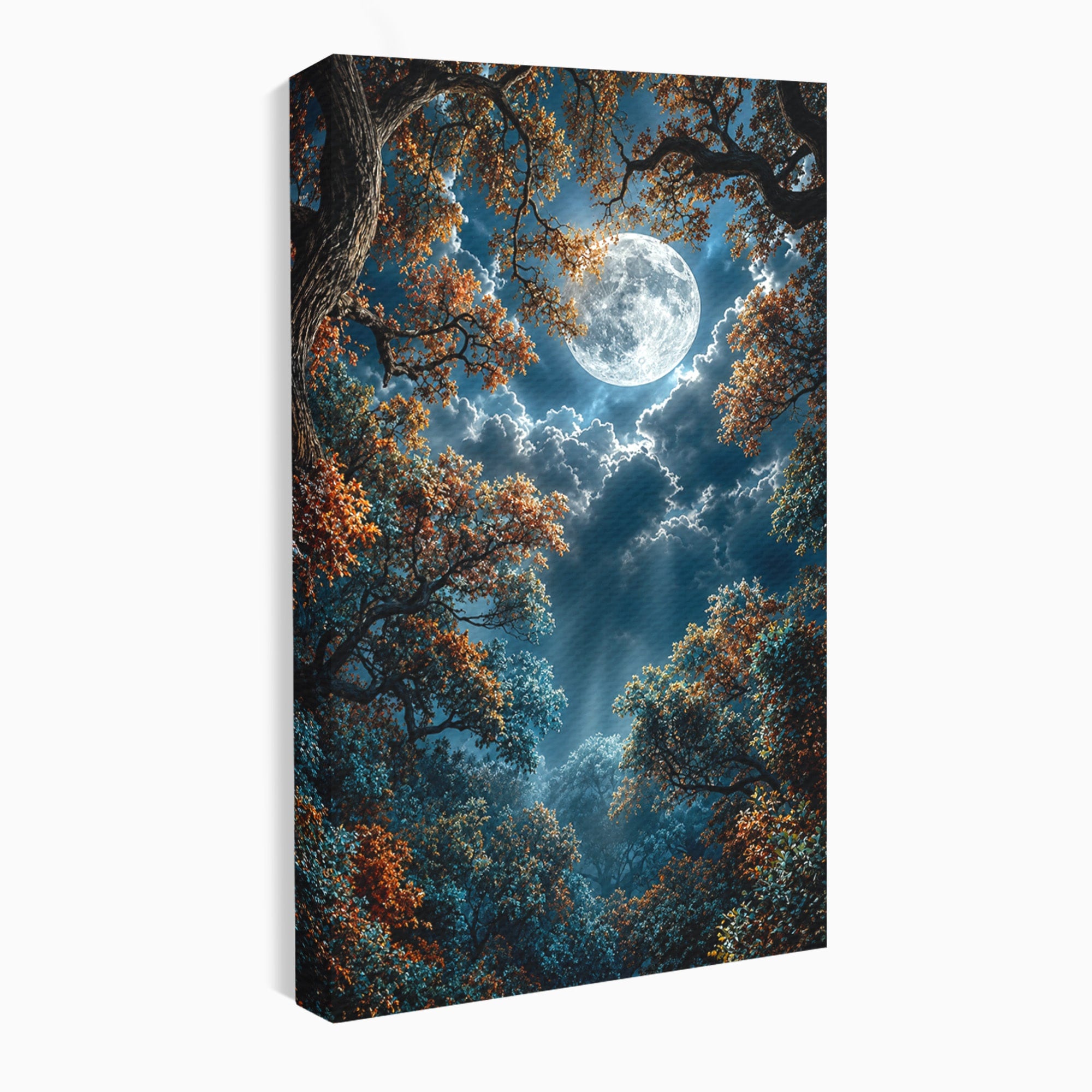 Tablou Canvas Premium LuxCanva® U1164, Luna Printre Copaci, Luna, Padure, Noapte, Natura, Living, Culori Vibrante