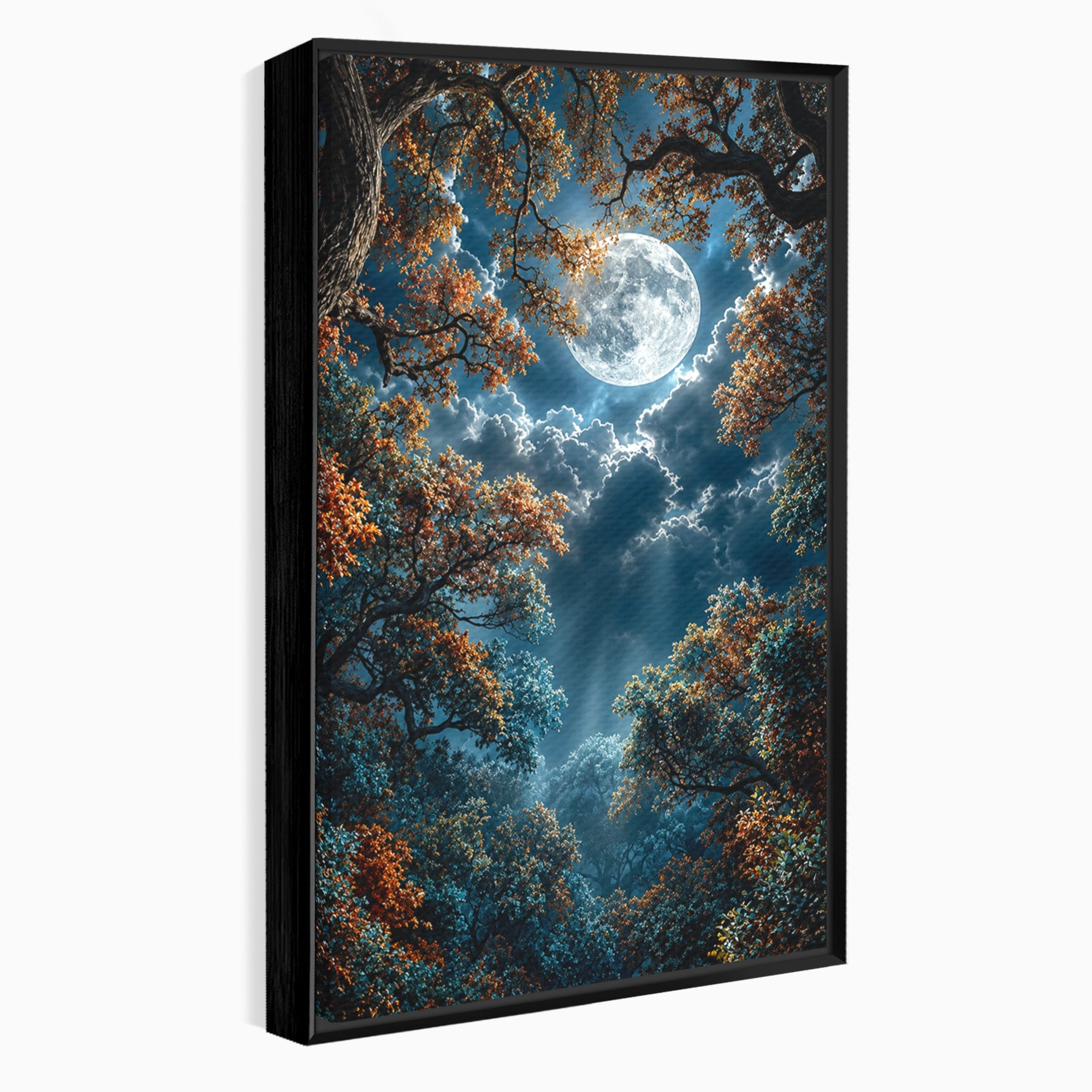 Tablou Canvas Premium LuxCanva® U1164, Luna Printre Copaci, Luna, Padure, Noapte, Natura, Living, Culori Vibrante