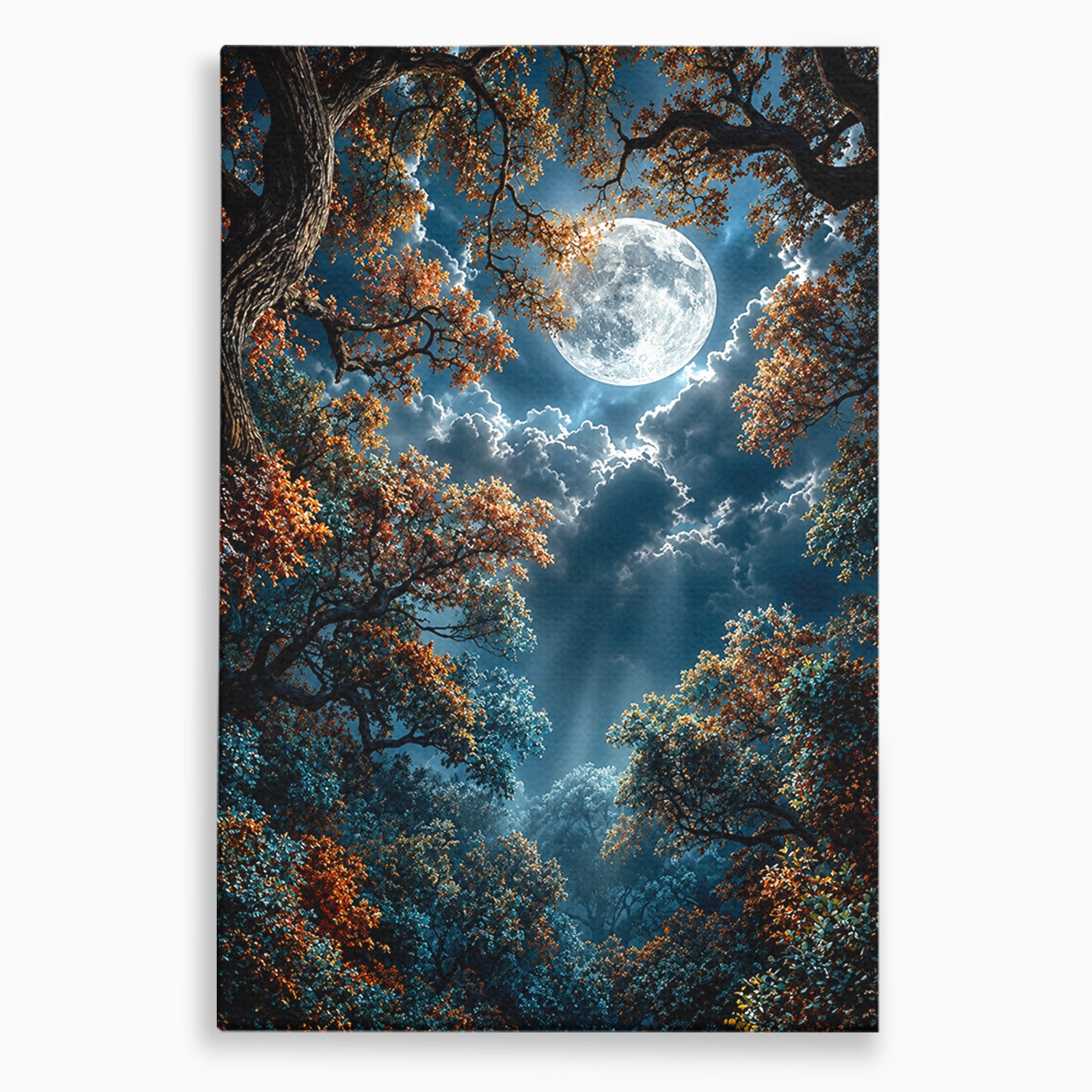 Tablou Canvas Premium LuxCanva® U1164, Luna Printre Copaci, Luna, Padure, Noapte, Natura, Living, Culori Vibrante