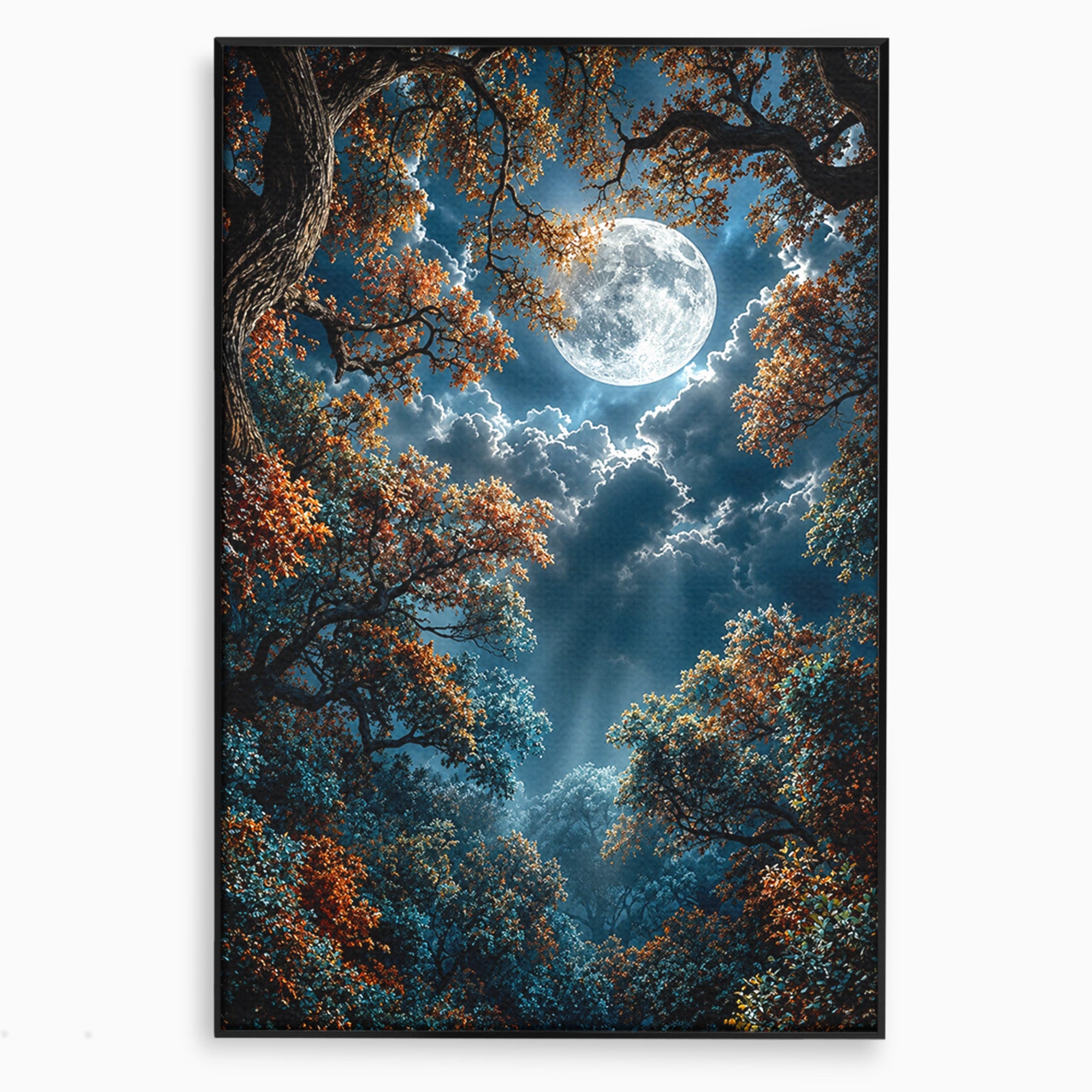 Tablou Canvas Premium LuxCanva® U1164, Luna Printre Copaci, Luna, Padure, Noapte, Natura, Living, Culori Vibrante