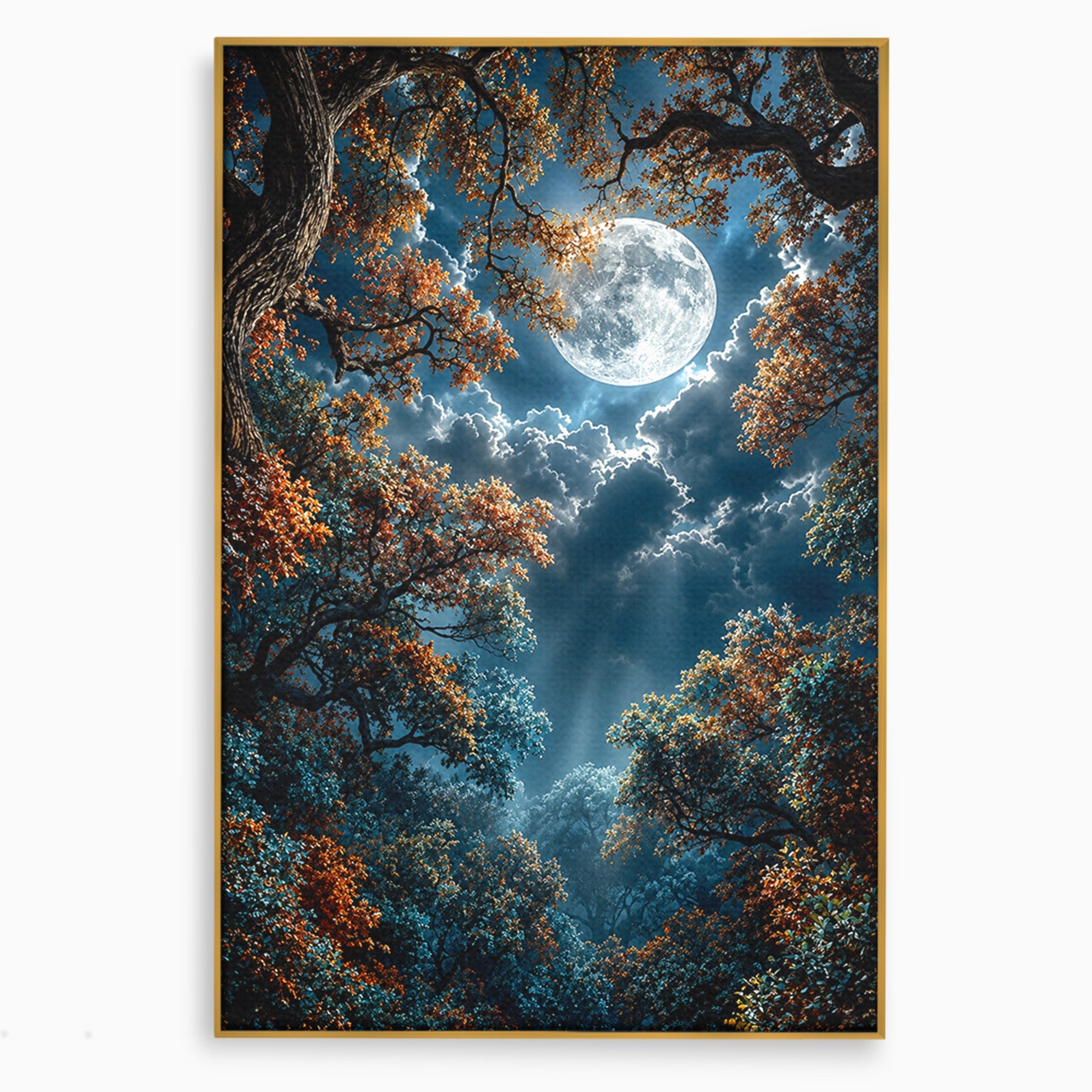 Tablou Canvas Premium LuxCanva® U1164, Luna Printre Copaci, Luna, Padure, Noapte, Natura, Living, Culori Vibrante