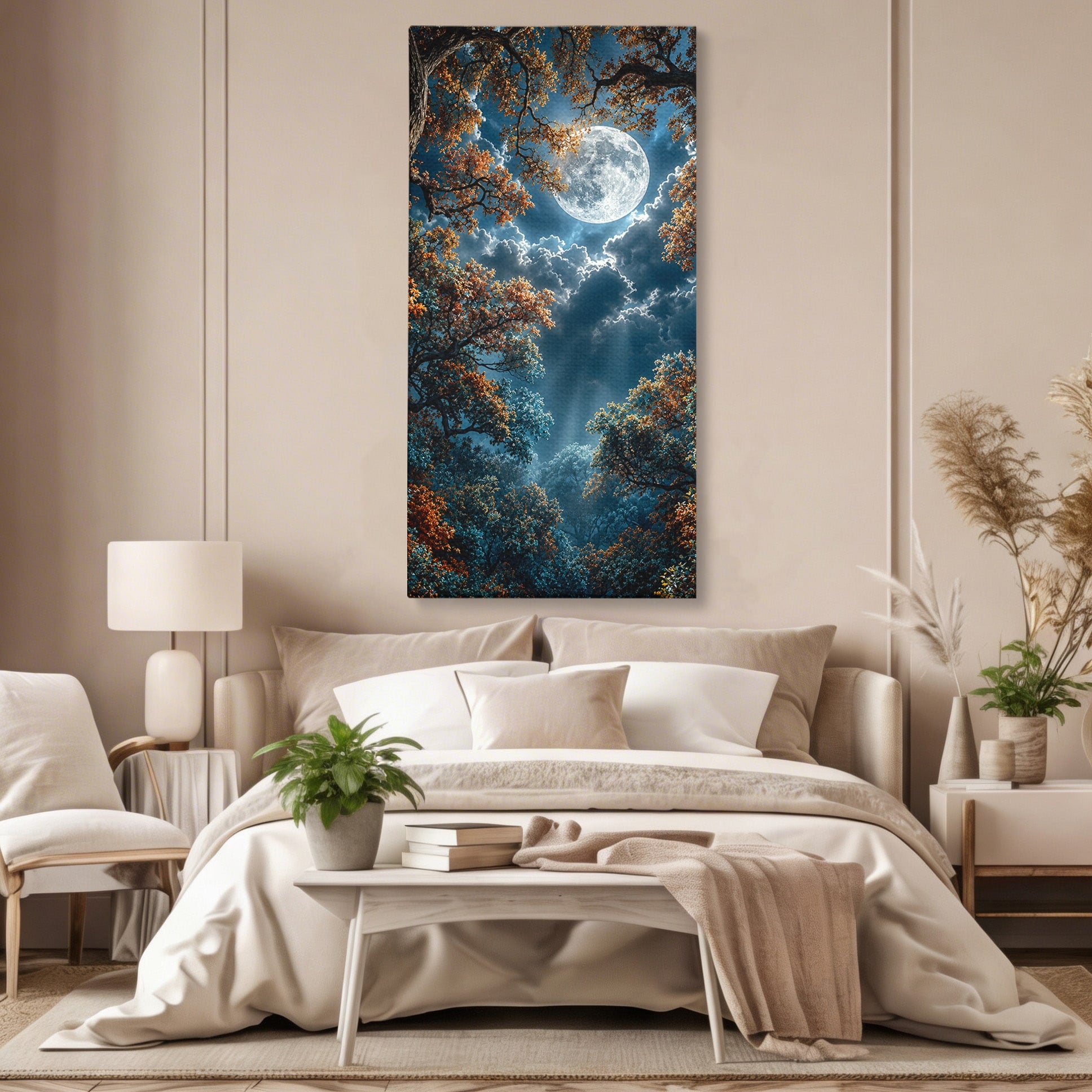 Tablou Canvas Premium LuxCanva® U1164, Luna Printre Copaci, Luna, Padure, Noapte, Natura, Living, Culori Vibrante