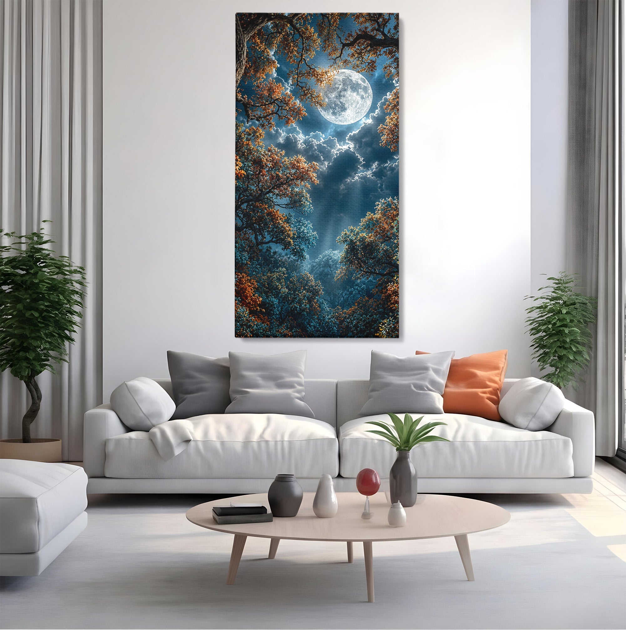 Tablou Canvas Premium LuxCanva® U1164, Luna Printre Copaci, Luna, Padure, Noapte, Natura, Living, Culori Vibrante