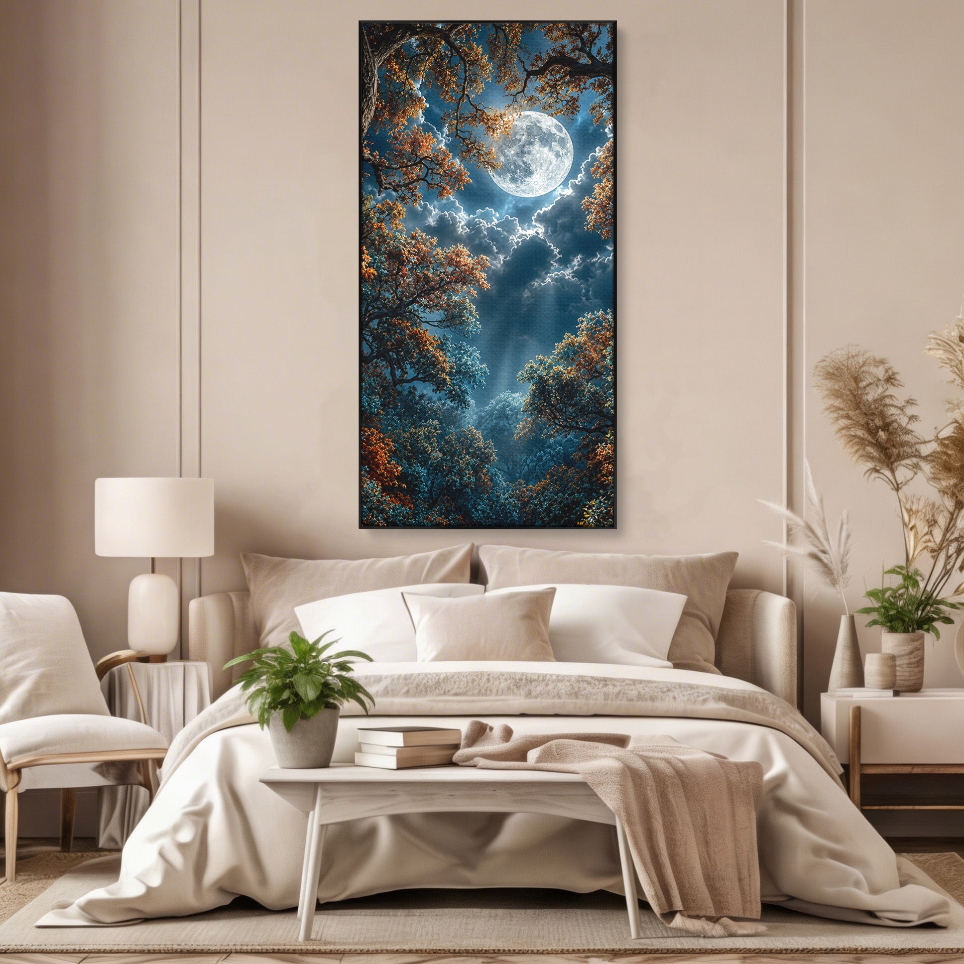 Tablou Canvas Premium LuxCanva® U1164, Luna Printre Copaci, Luna, Padure, Noapte, Natura, Living, Culori Vibrante