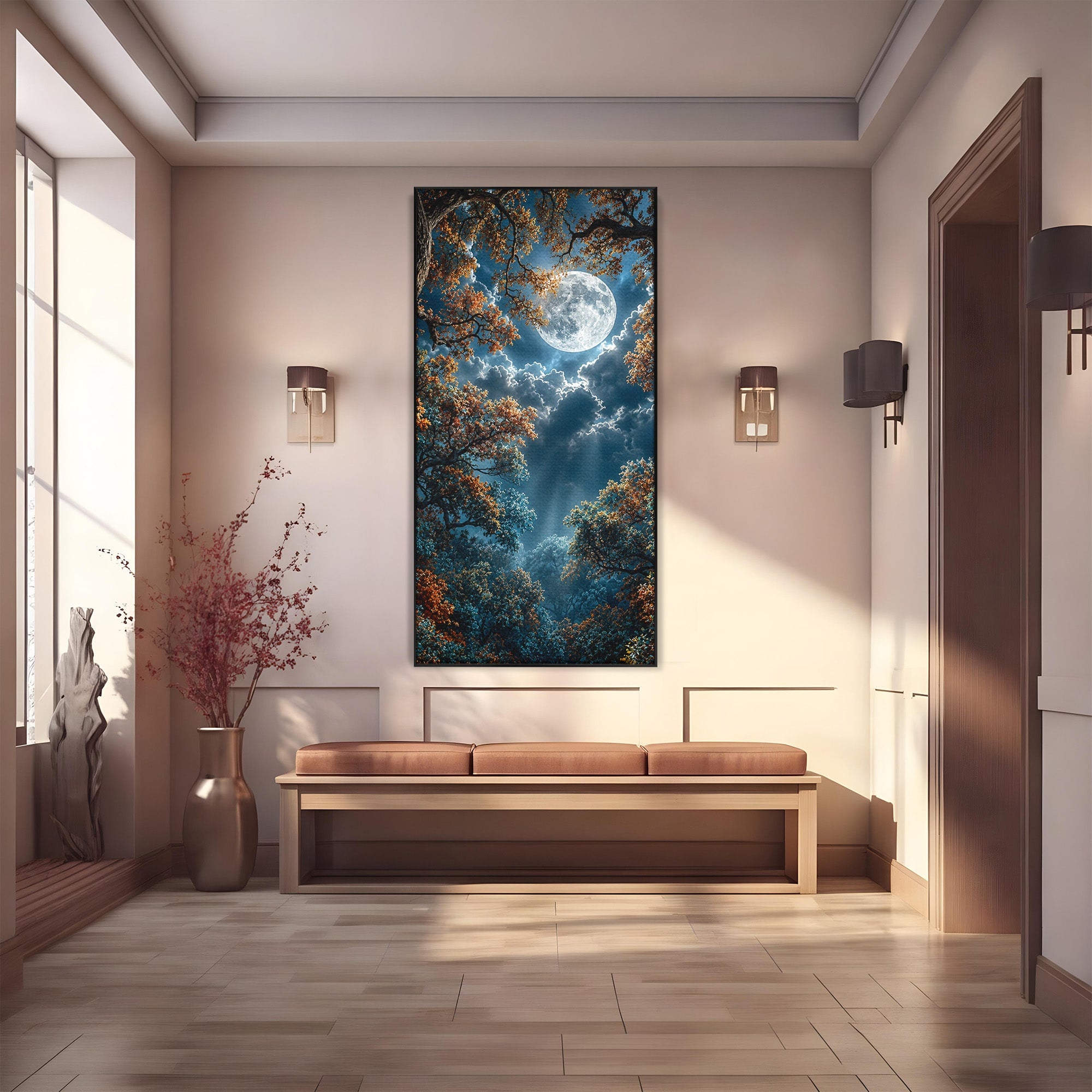 Tablou Canvas Premium LuxCanva® U1164, Luna Printre Copaci, Luna, Padure, Noapte, Natura, Living, Culori Vibrante