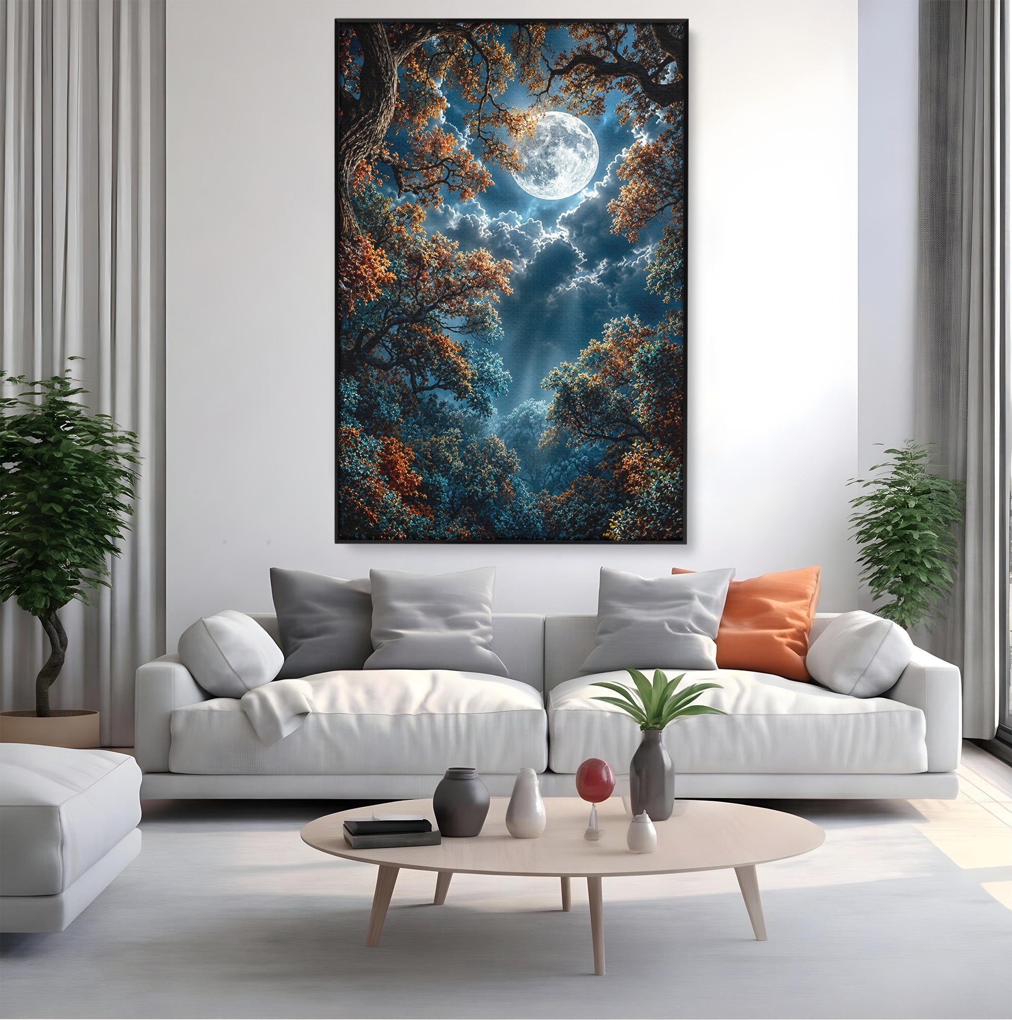 Tablou Canvas Premium LuxCanva® U1164, Luna Printre Copaci, Luna, Padure, Noapte, Natura, Living, Culori Vibrante