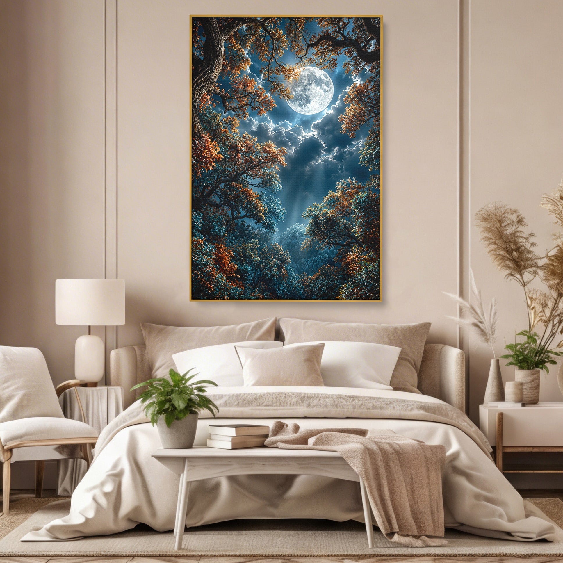 Tablou Canvas Premium LuxCanva® U1164, Luna Printre Copaci, Luna, Padure, Noapte, Natura, Living, Culori Vibrante