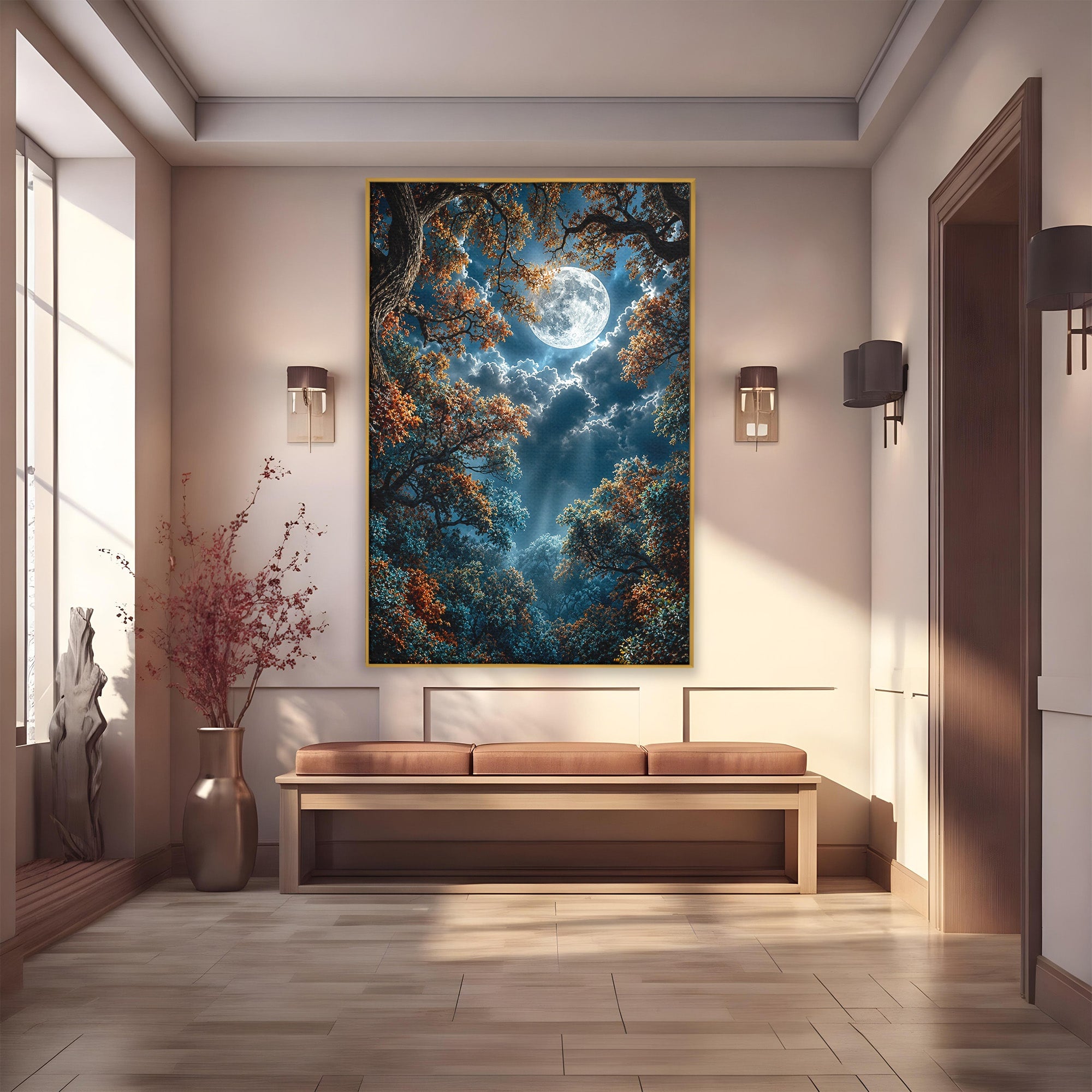 Tablou Canvas Premium LuxCanva® U1164, Luna Printre Copaci, Luna, Padure, Noapte, Natura, Living, Culori Vibrante