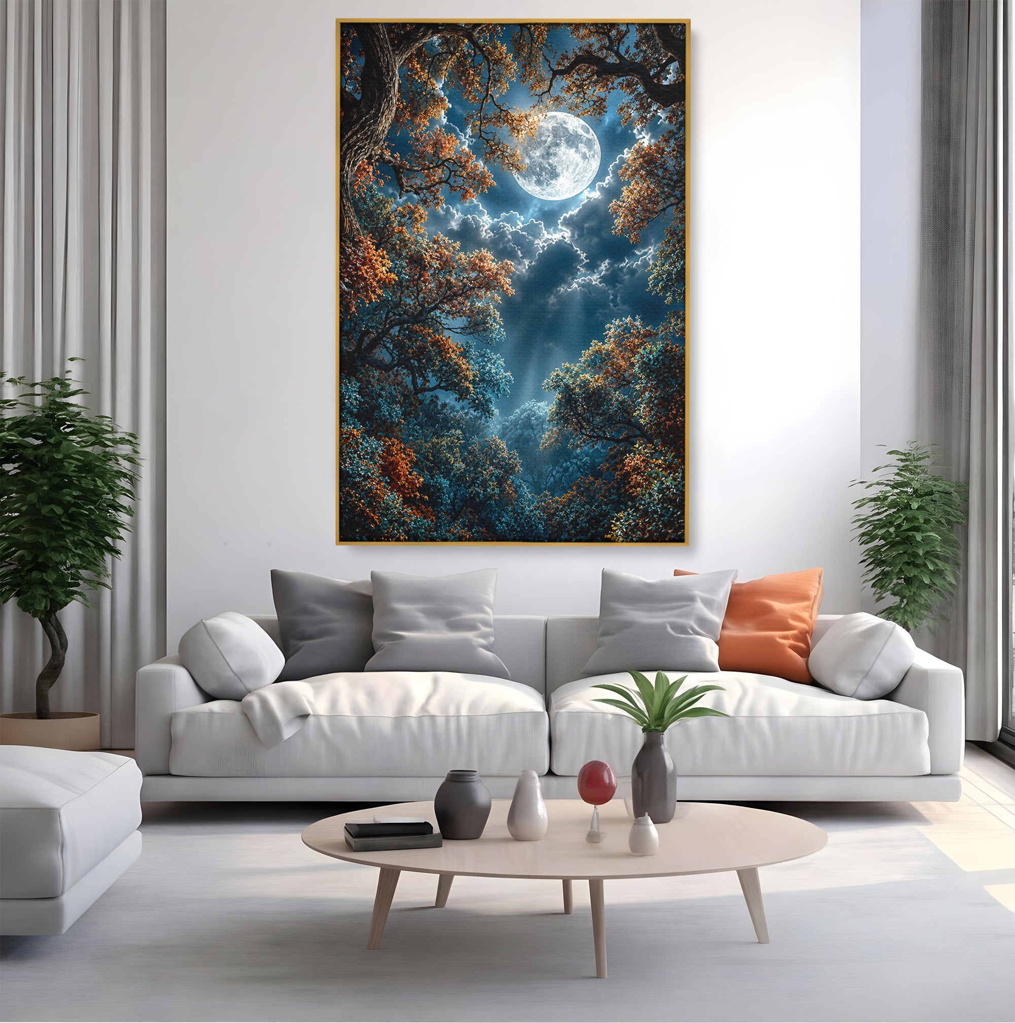 Tablou Canvas Premium LuxCanva® U1164, Luna Printre Copaci, Luna, Padure, Noapte, Natura, Living, Culori Vibrante