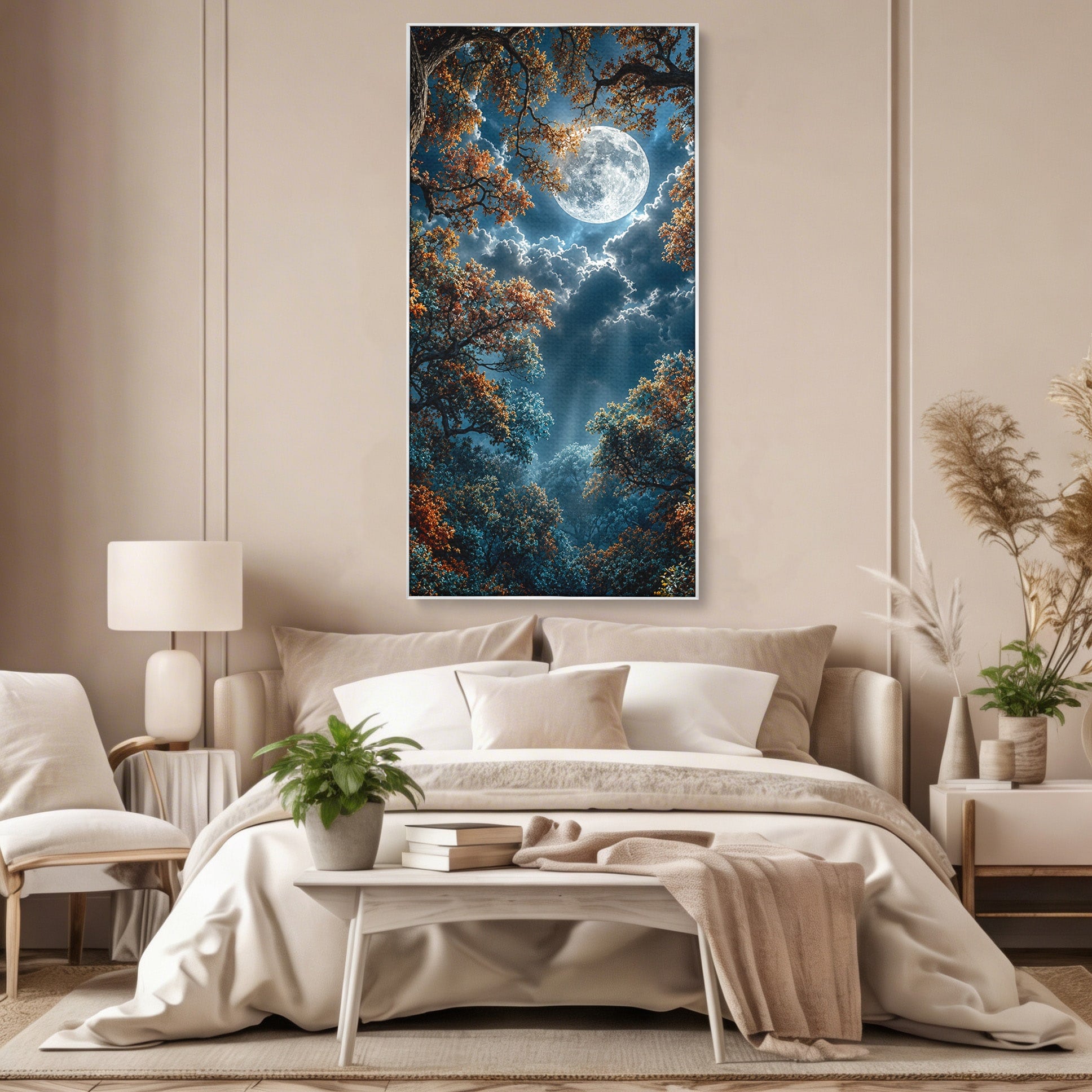 Tablou Canvas Premium LuxCanva® U1164, Luna Printre Copaci, Luna, Padure, Noapte, Natura, Living, Culori Vibrante