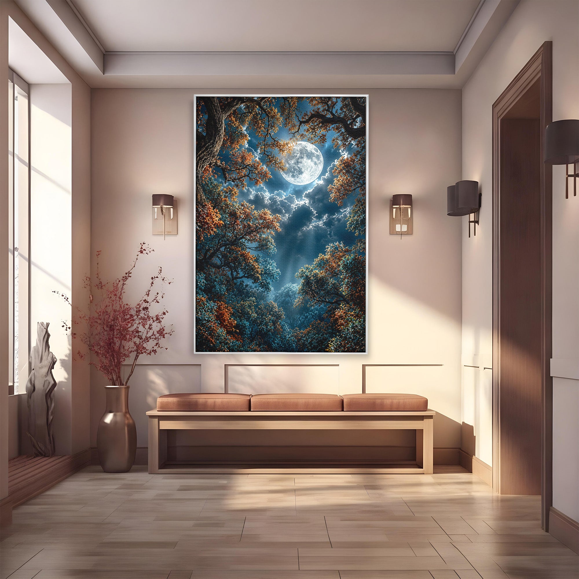 Tablou Canvas Premium LuxCanva® U1164, Luna Printre Copaci, Luna, Padure, Noapte, Natura, Living, Culori Vibrante