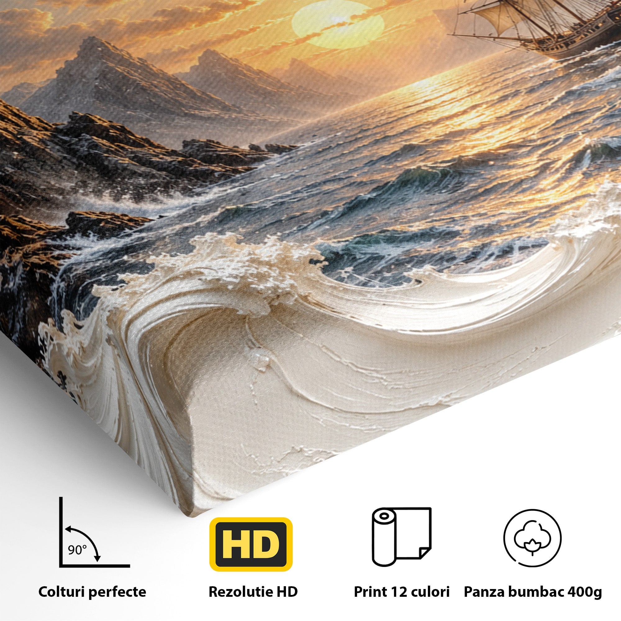Tablou Canvas Premium LuxCanva® U1169, Corabie La Apus, Mare, Peisaj Marin, Corabie, Apus, Living, Culori Vibrante