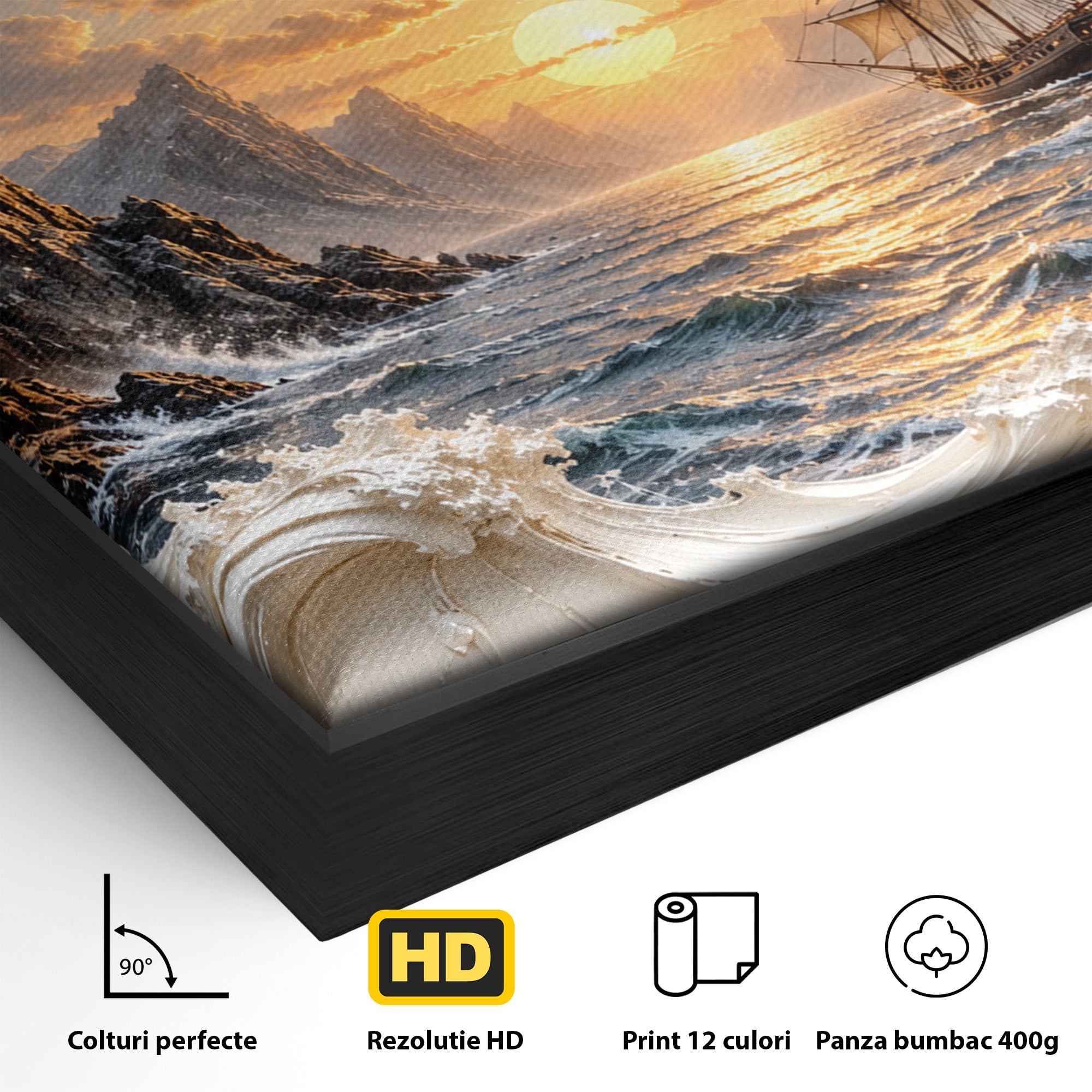 Tablou Canvas Premium LuxCanva® U1169, Corabie La Apus, Mare, Peisaj Marin, Corabie, Apus, Living, Culori Vibrante