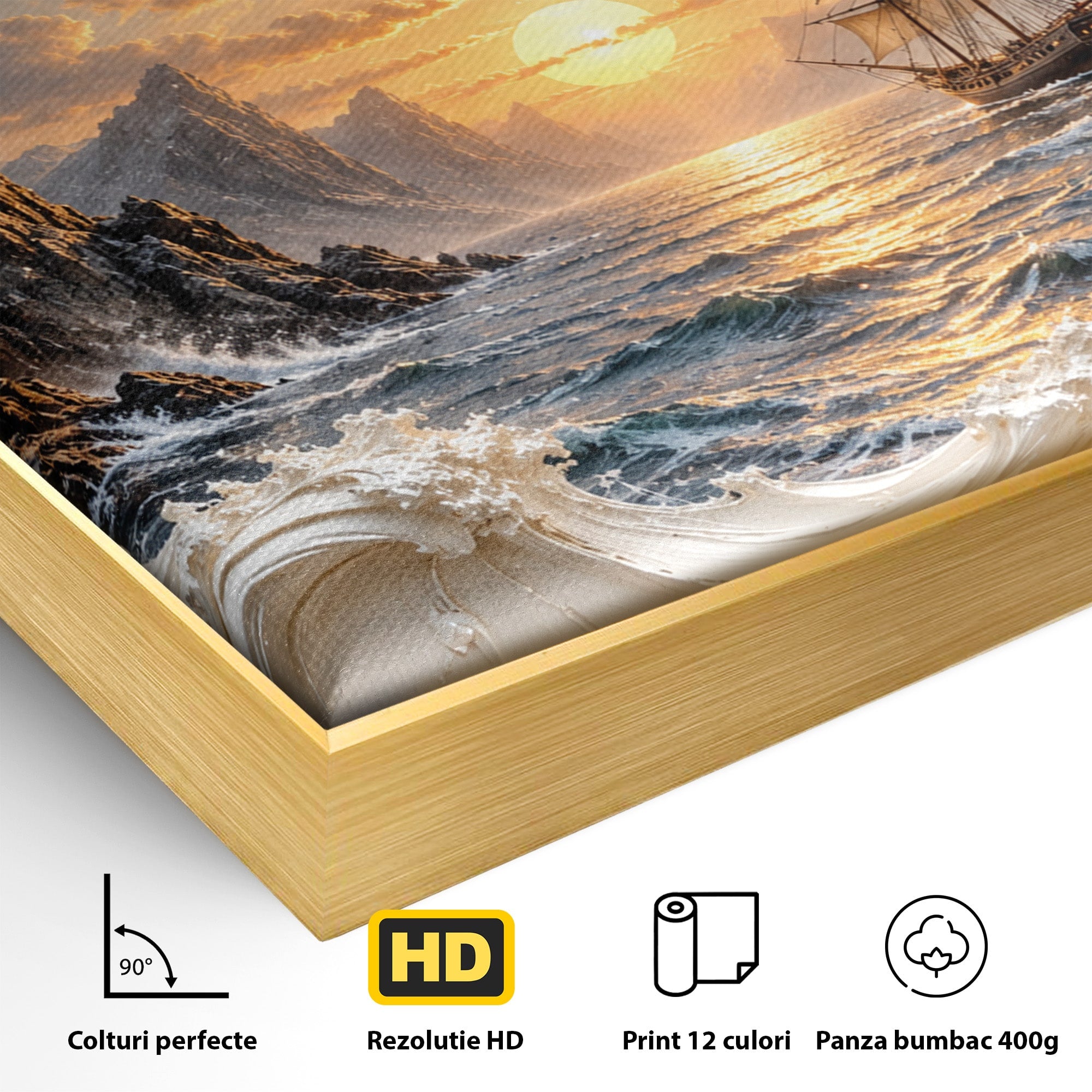 Tablou Canvas Premium LuxCanva® U1169, Corabie La Apus, Mare, Peisaj Marin, Corabie, Apus, Living, Culori Vibrante
