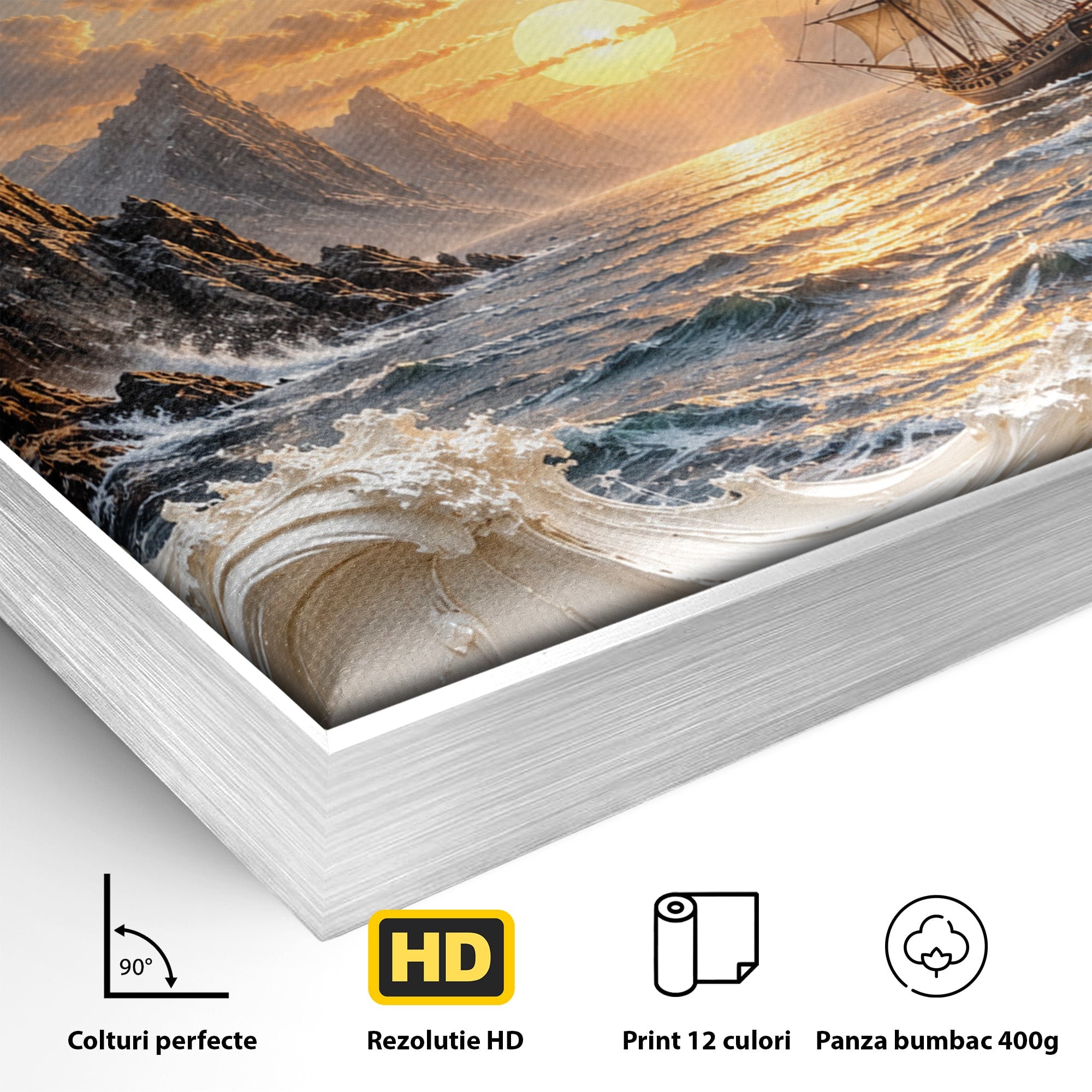 Tablou Canvas Premium LuxCanva® U1169, Corabie La Apus, Mare, Peisaj Marin, Corabie, Apus, Living, Culori Vibrante