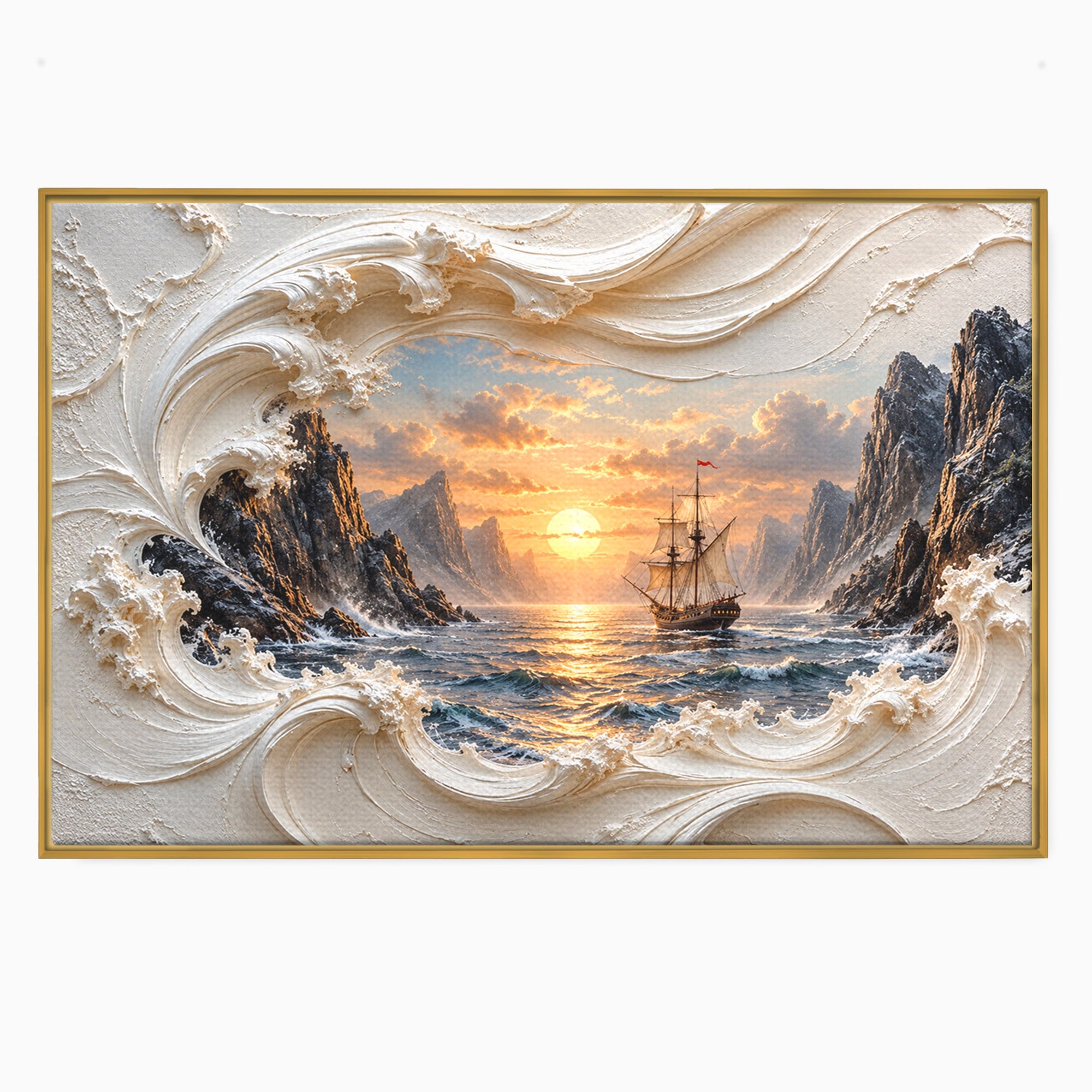 Tablou Canvas Premium LuxCanva® U1169, Corabie La Apus, Mare, Peisaj Marin, Corabie, Apus, Living, Culori Vibrante