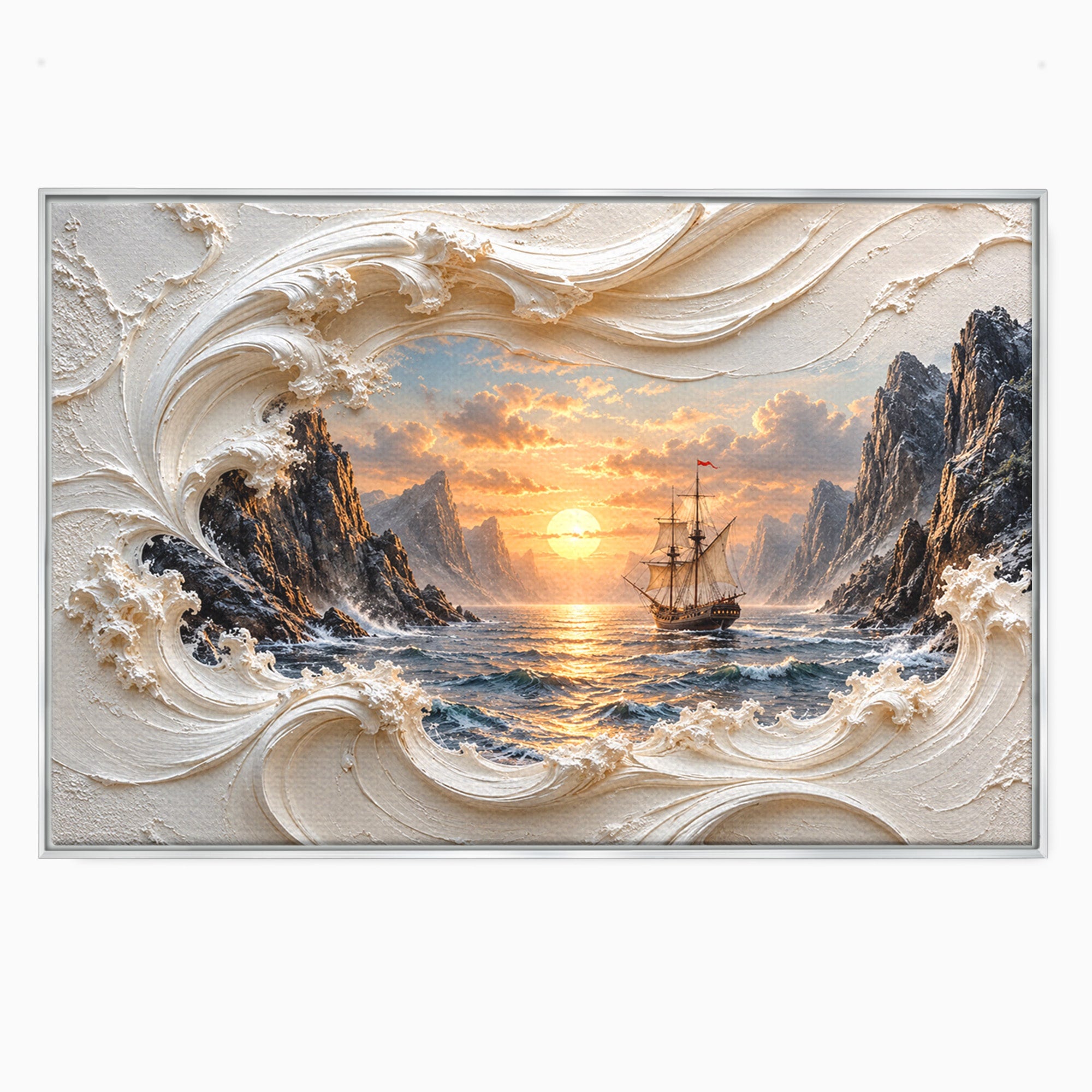Tablou Canvas Premium LuxCanva® U1169, Corabie La Apus, Mare, Peisaj Marin, Corabie, Apus, Living, Culori Vibrante