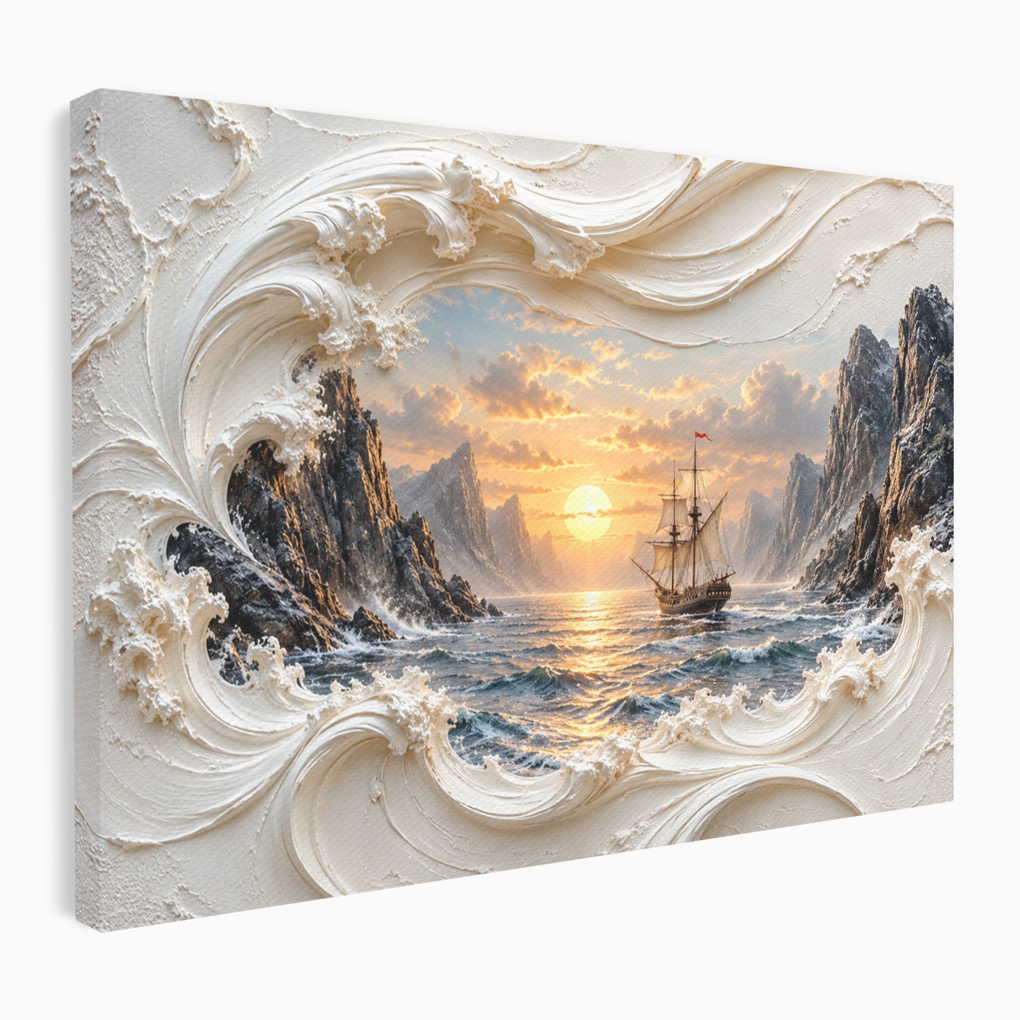 Tablou Canvas Premium LuxCanva® U1169, Corabie La Apus, Mare, Peisaj Marin, Corabie, Apus, Living, Culori Vibrante