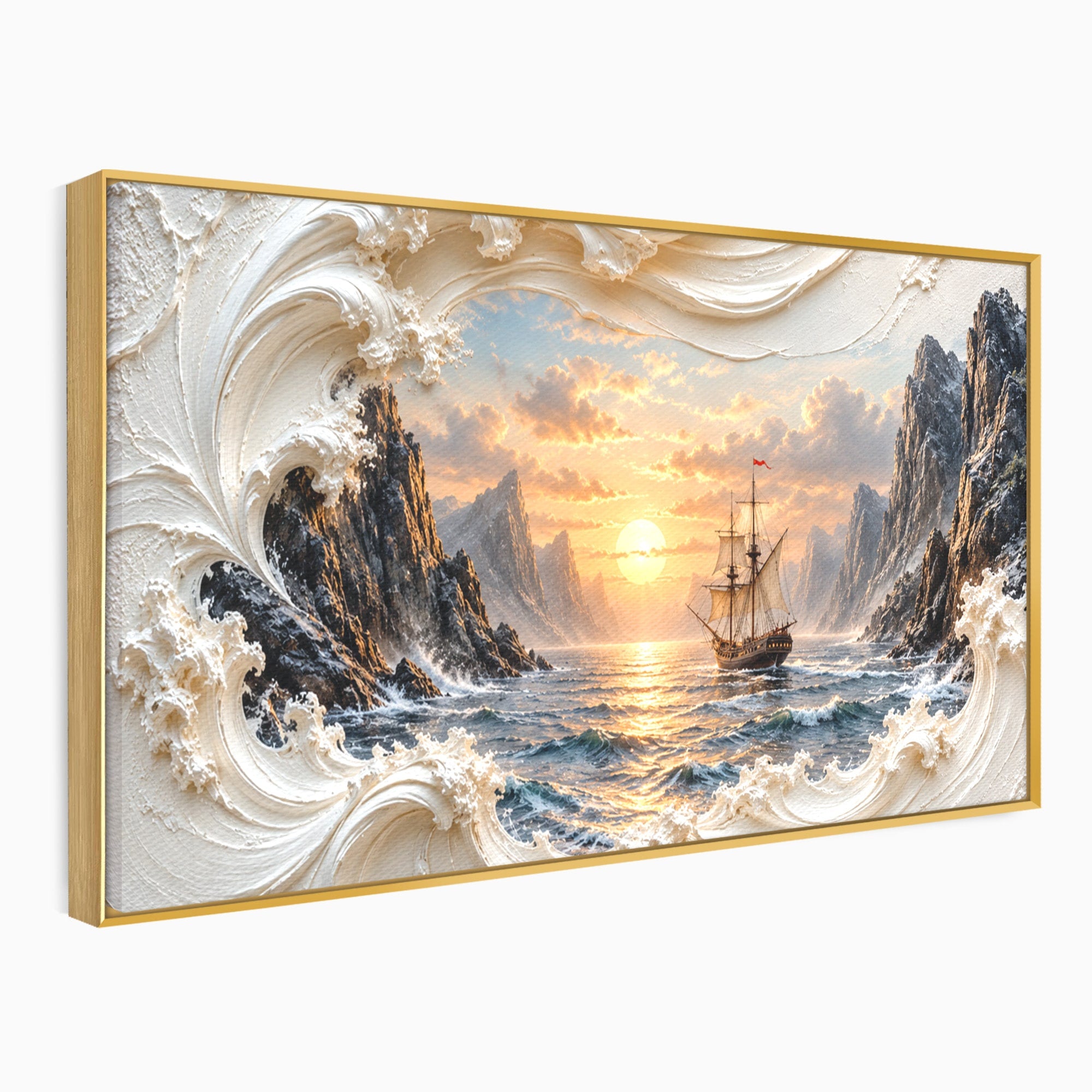 Tablou Canvas Premium LuxCanva® U1169, Corabie La Apus, Mare, Peisaj Marin, Corabie, Apus, Living, Culori Vibrante