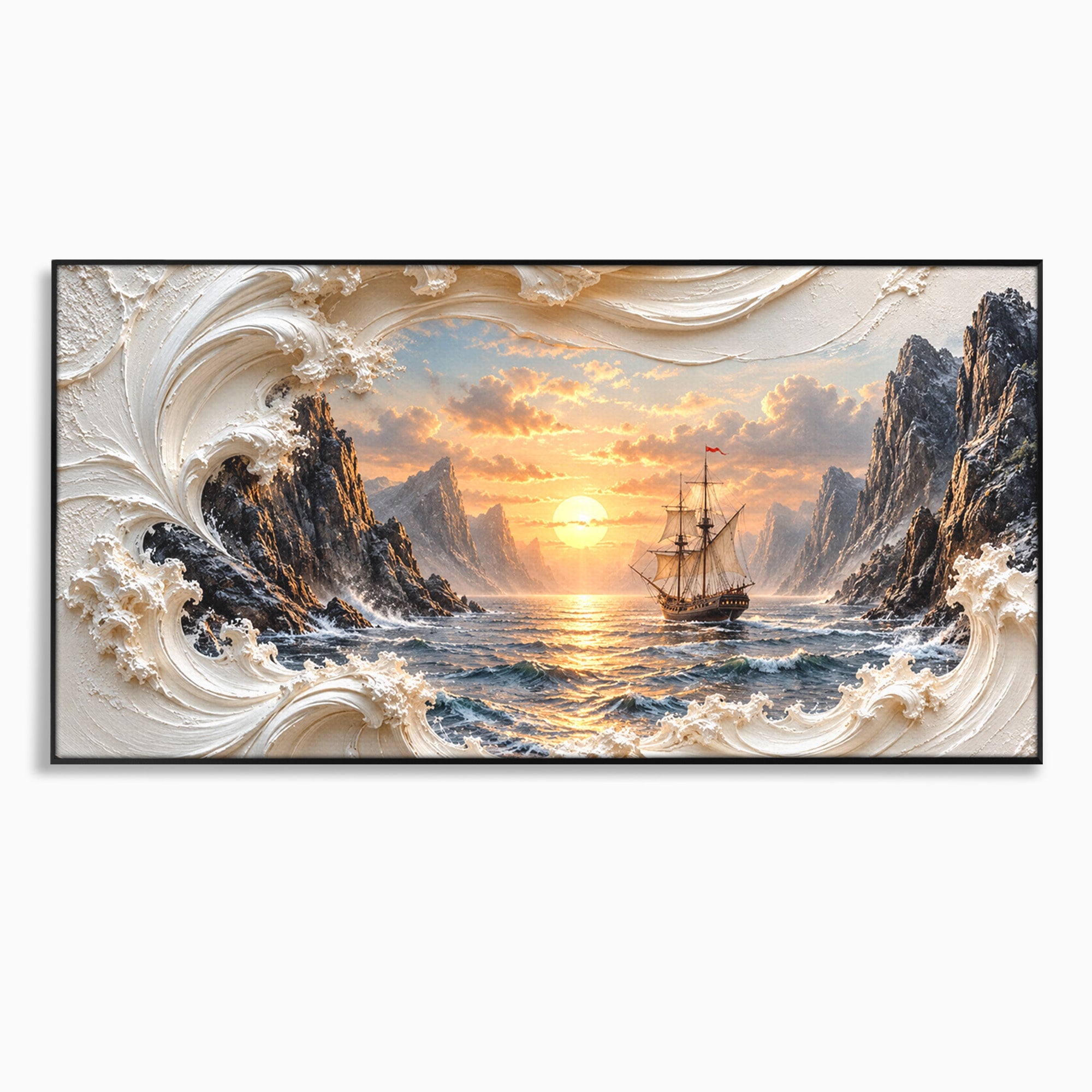 Tablou Canvas Premium LuxCanva® U1169, Corabie La Apus, Mare, Peisaj Marin, Corabie, Apus, Living, Culori Vibrante
