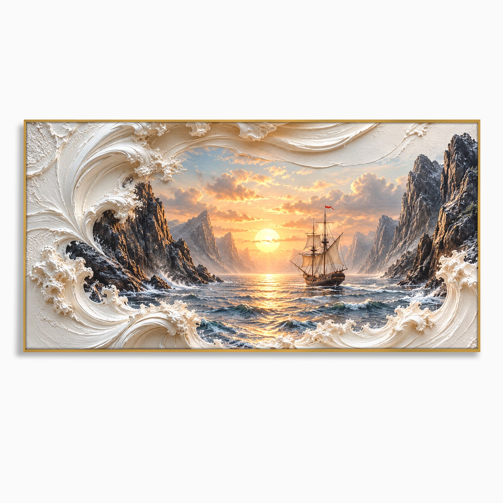 Tablou Canvas Premium LuxCanva® U1169, Corabie La Apus, Mare, Peisaj Marin, Corabie, Apus, Living, Culori Vibrante