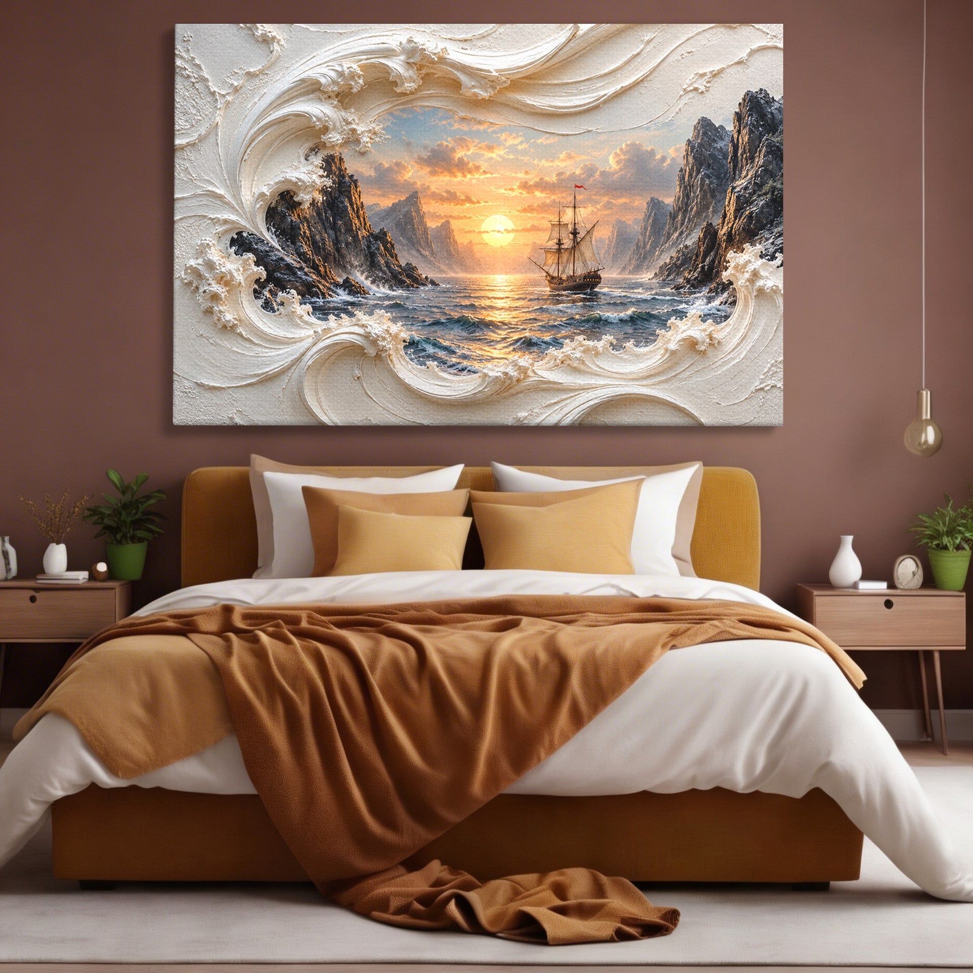 Tablou Canvas Premium LuxCanva® U1169, Corabie La Apus, Mare, Peisaj Marin, Corabie, Apus, Living, Culori Vibrante
