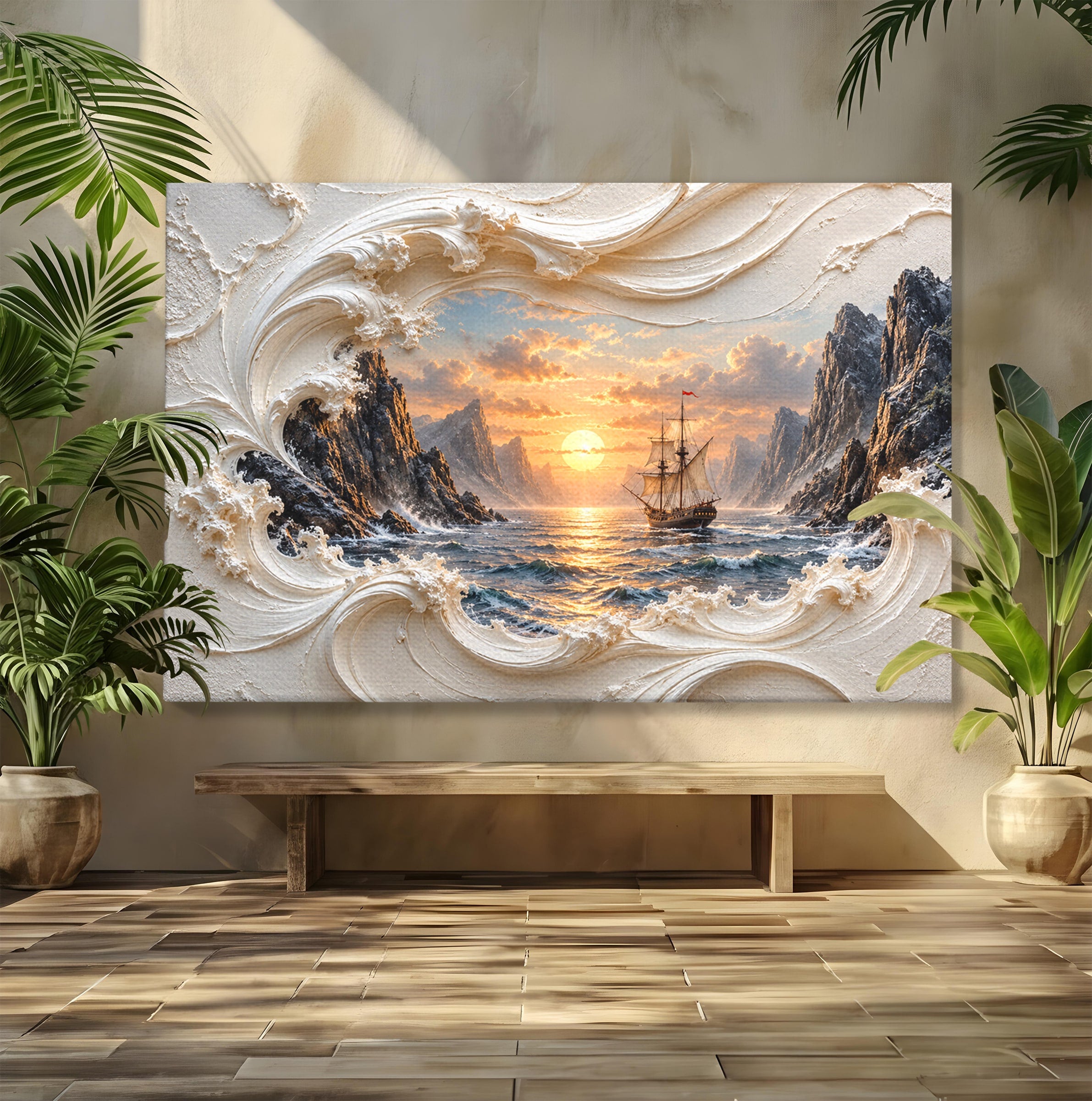 Tablou Canvas Premium LuxCanva® U1169, Corabie La Apus, Mare, Peisaj Marin, Corabie, Apus, Living, Culori Vibrante