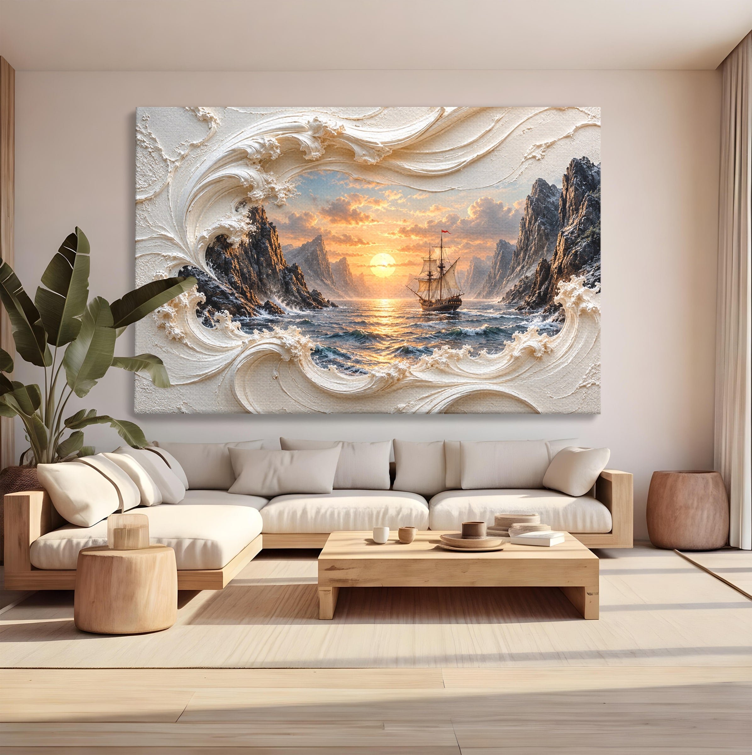 Tablou Canvas Premium LuxCanva® U1169, Corabie La Apus, Mare, Peisaj Marin, Corabie, Apus, Living, Culori Vibrante