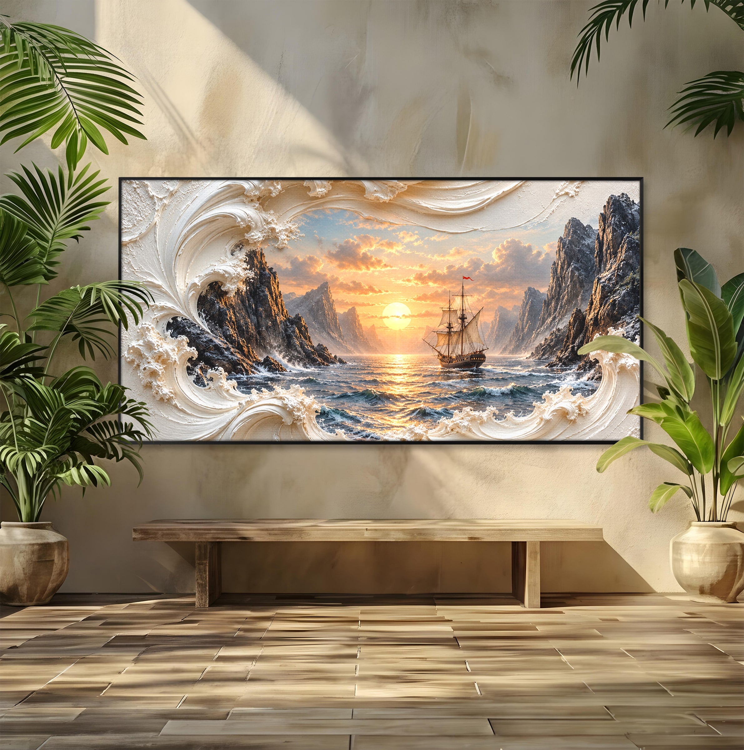 Tablou Canvas Premium LuxCanva® U1169, Corabie La Apus, Mare, Peisaj Marin, Corabie, Apus, Living, Culori Vibrante